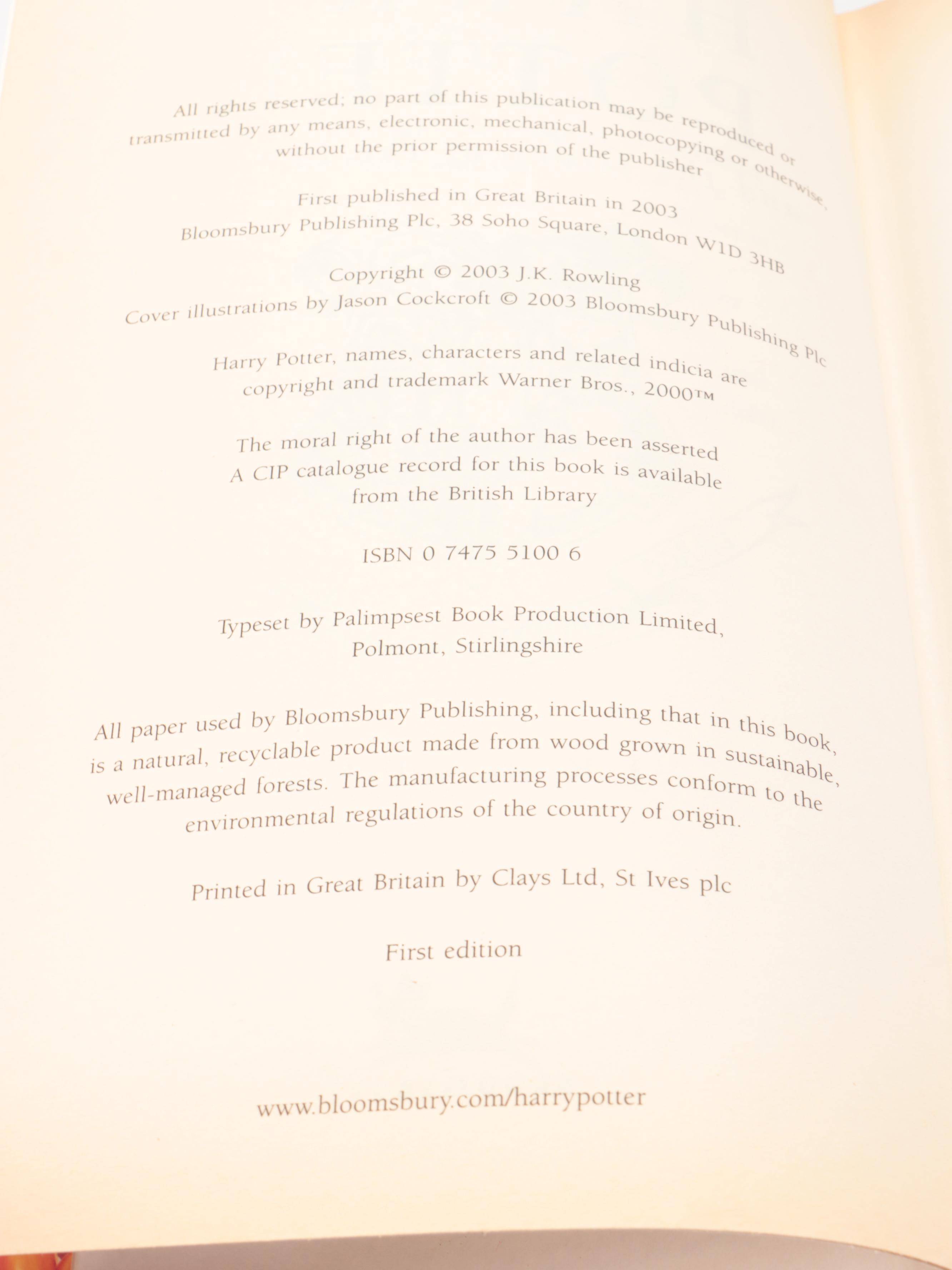 First UK Edition "Harry Potter and the Order of the Phoenix" by J. K. Rowling