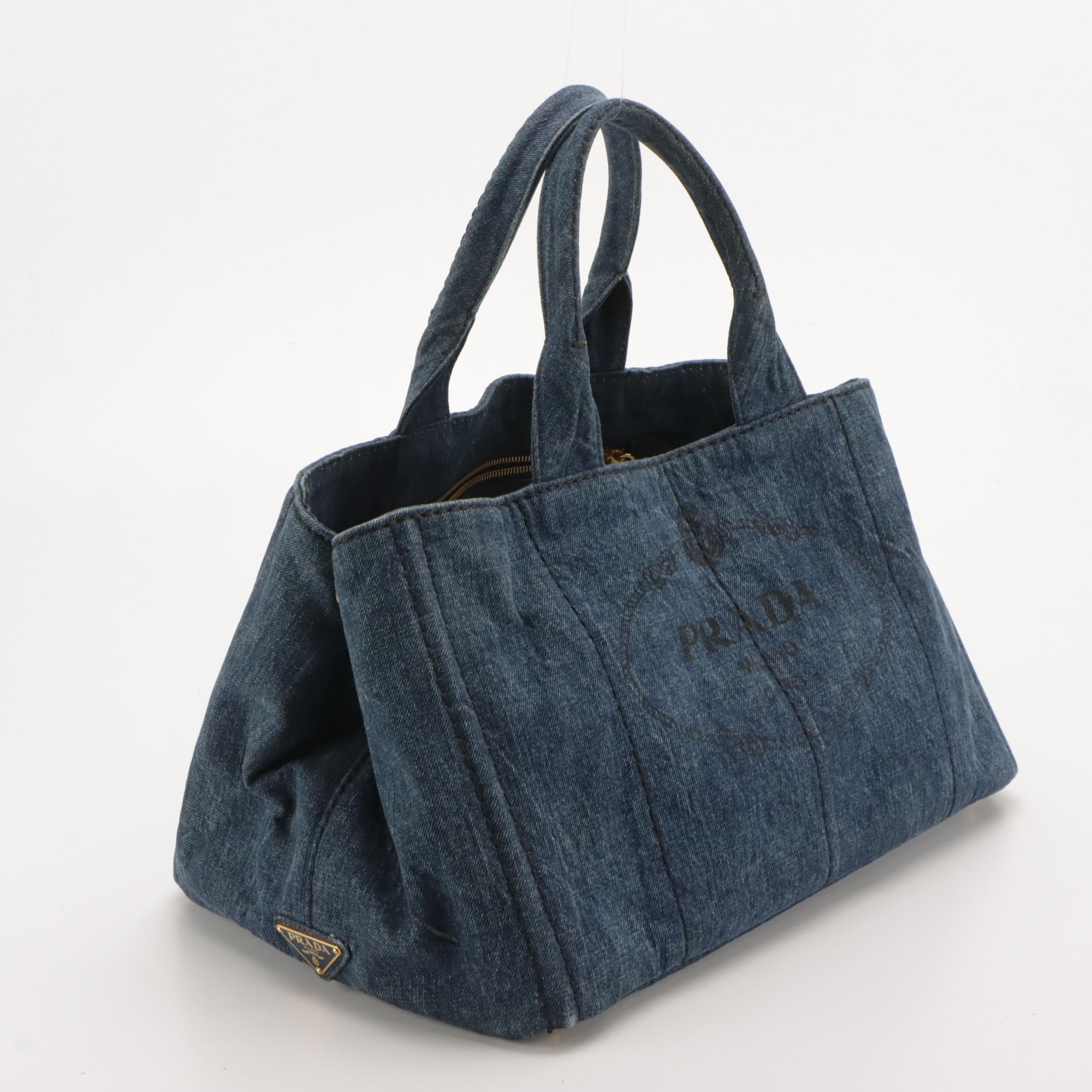 Prada Large Canapa Logo Tote in Blue Cotton Denim
