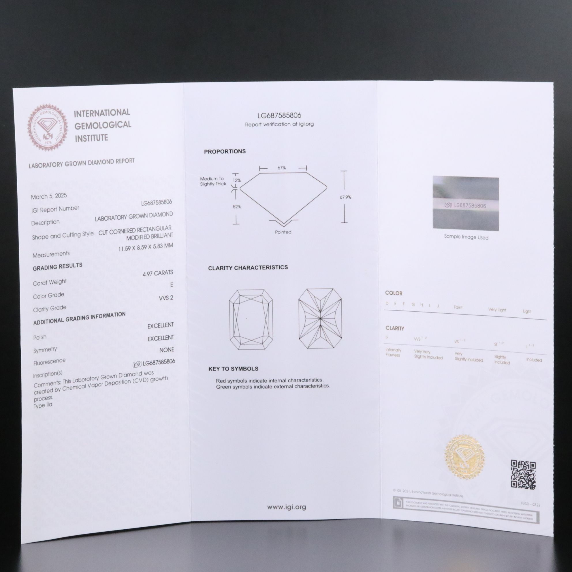 Loose 4.97 CT Lab Grown Diamond with IGI Report