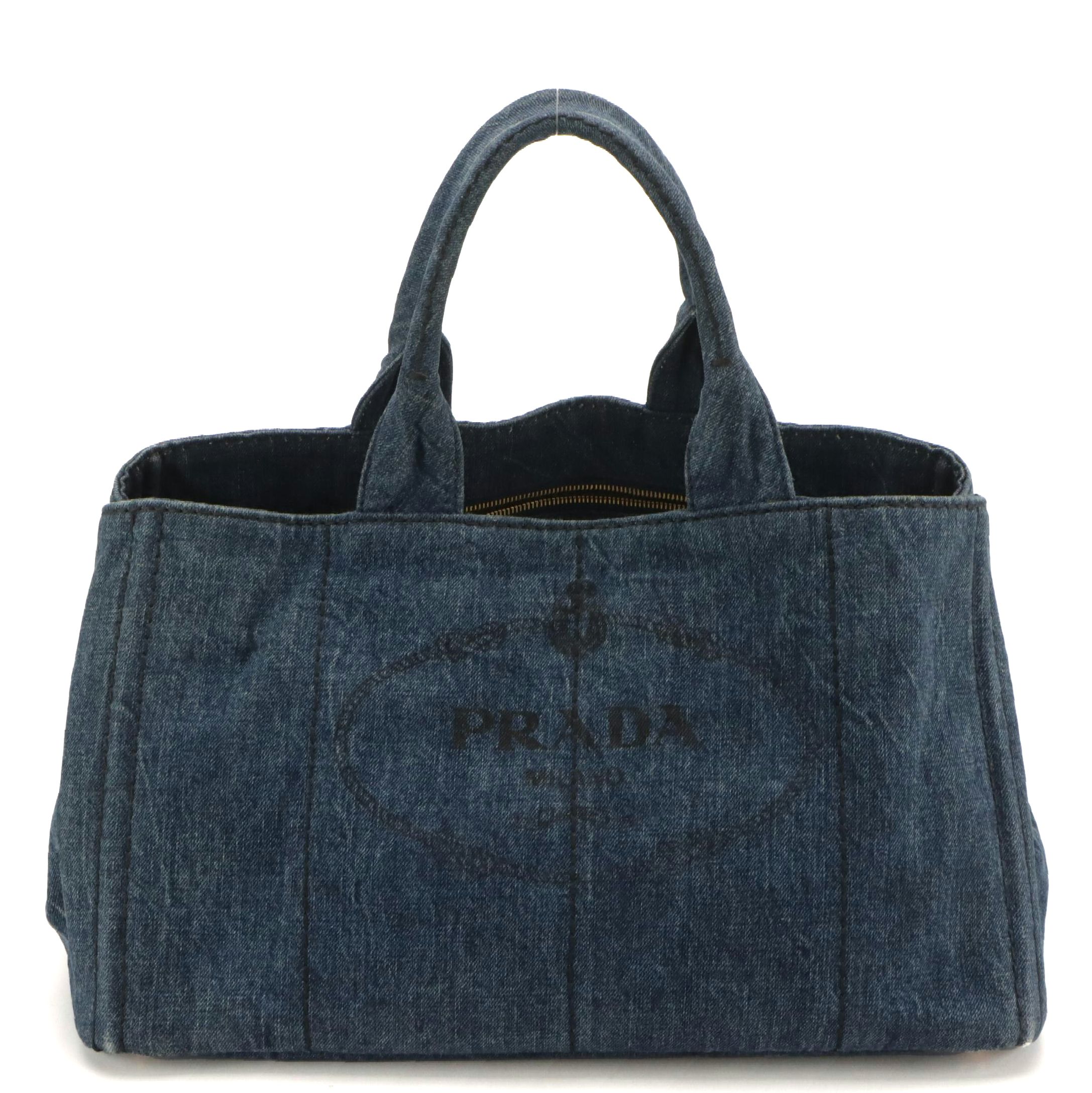 Prada Large Canapa Logo Tote in Blue Cotton Denim