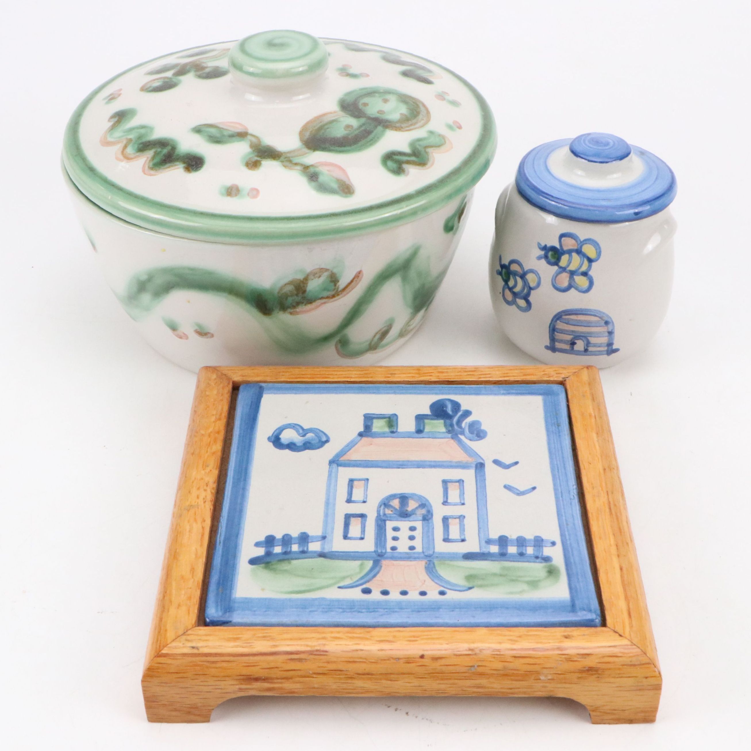 M.A. Hadley Ceramic Tile Trivet, Sugar Bowl and Lidded Vegetable Bowl