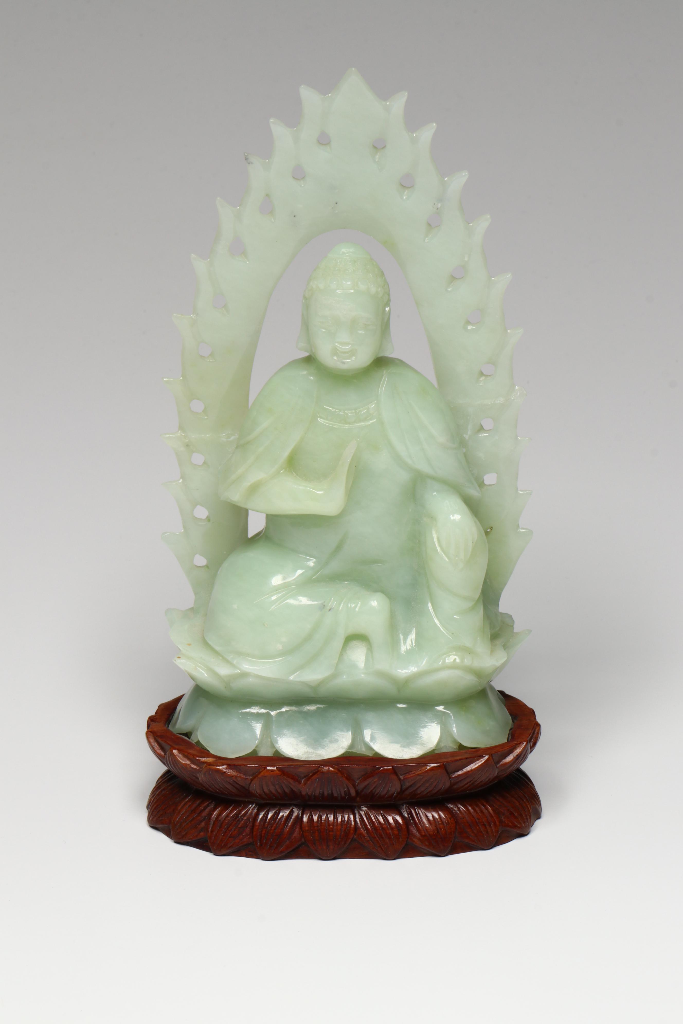 Chinese Carved Serpentine Buddha with Porcelain and Brass Collection