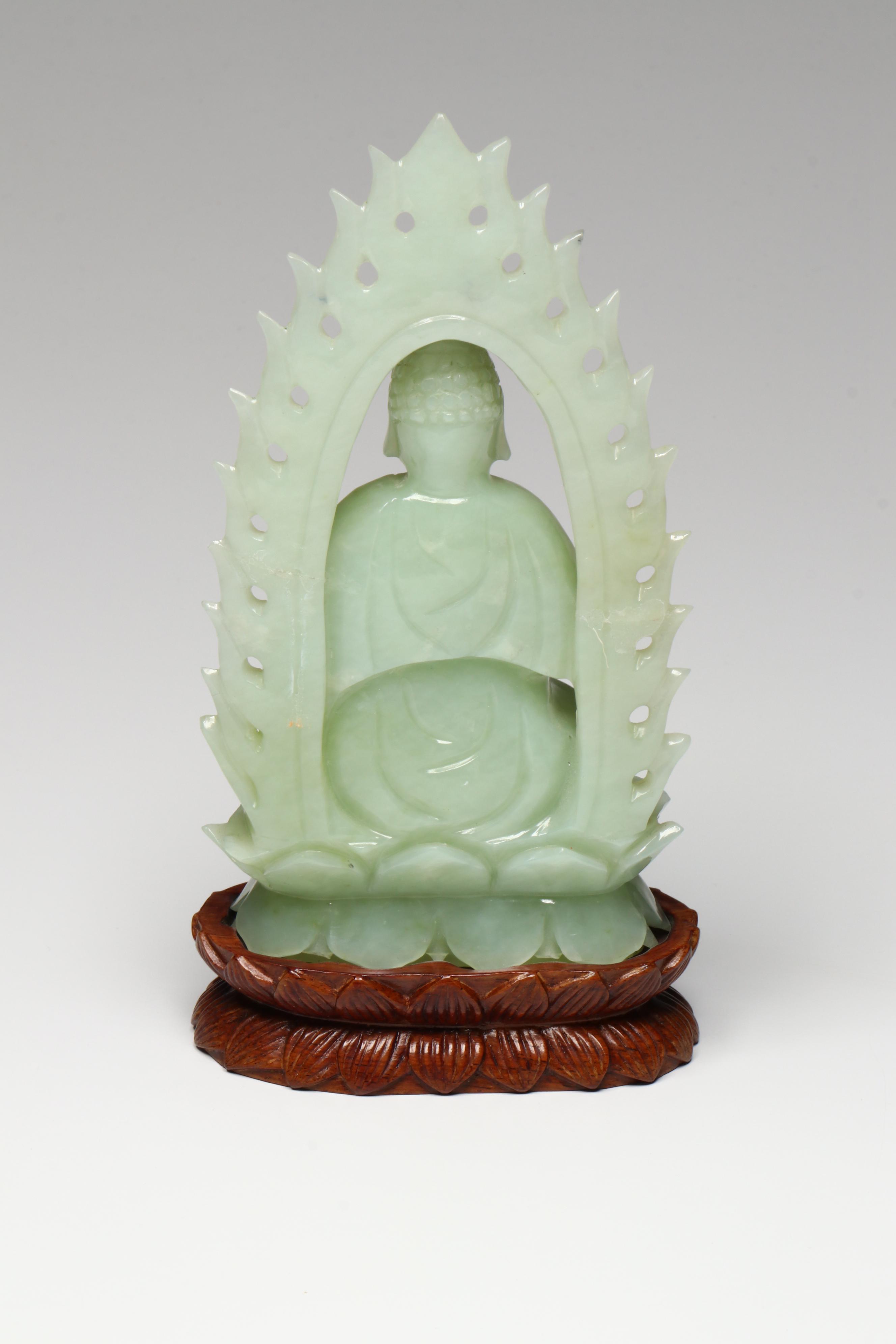 Chinese Carved Serpentine Buddha with Porcelain and Brass Collection