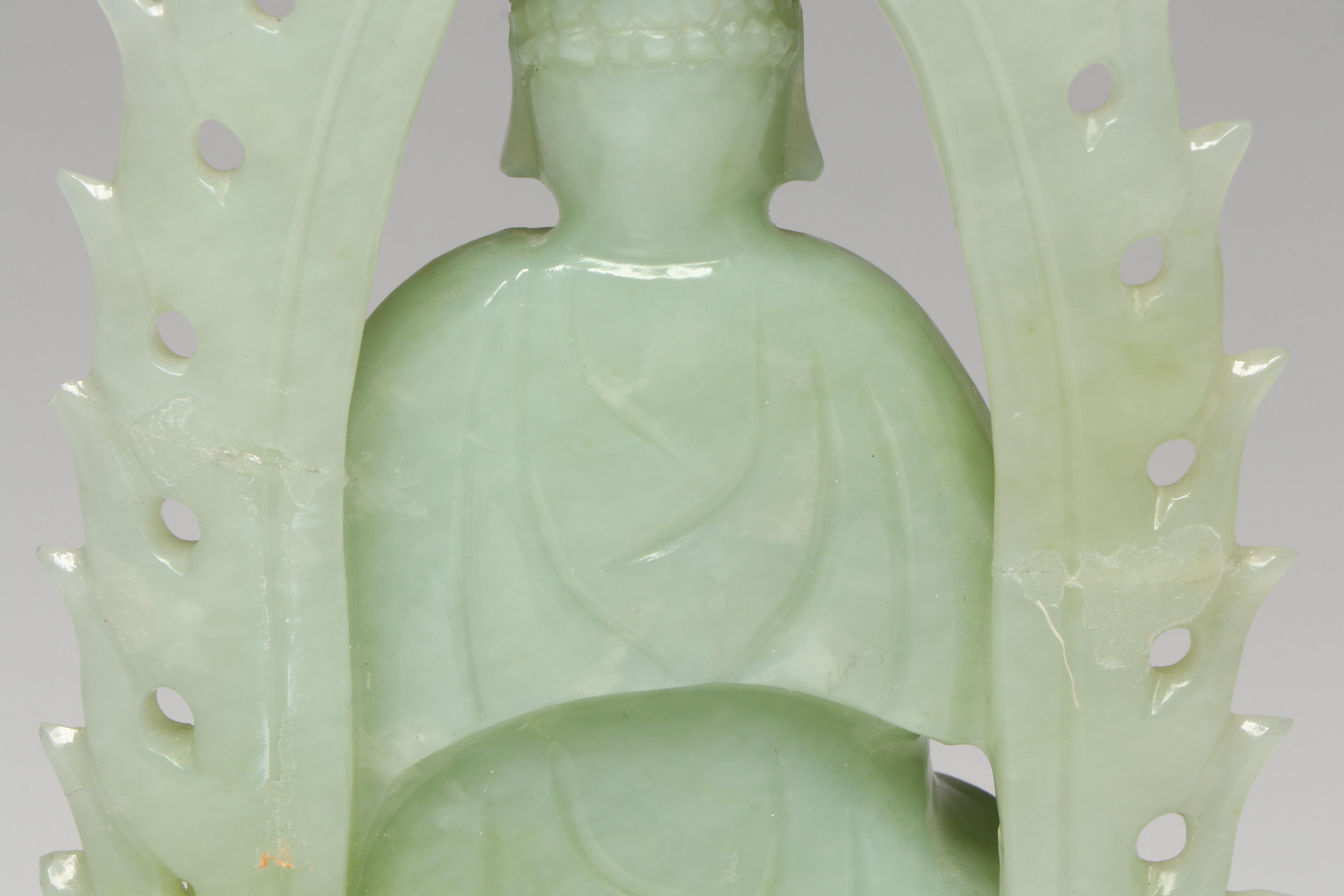 Chinese Carved Serpentine Buddha with Porcelain and Brass Collection