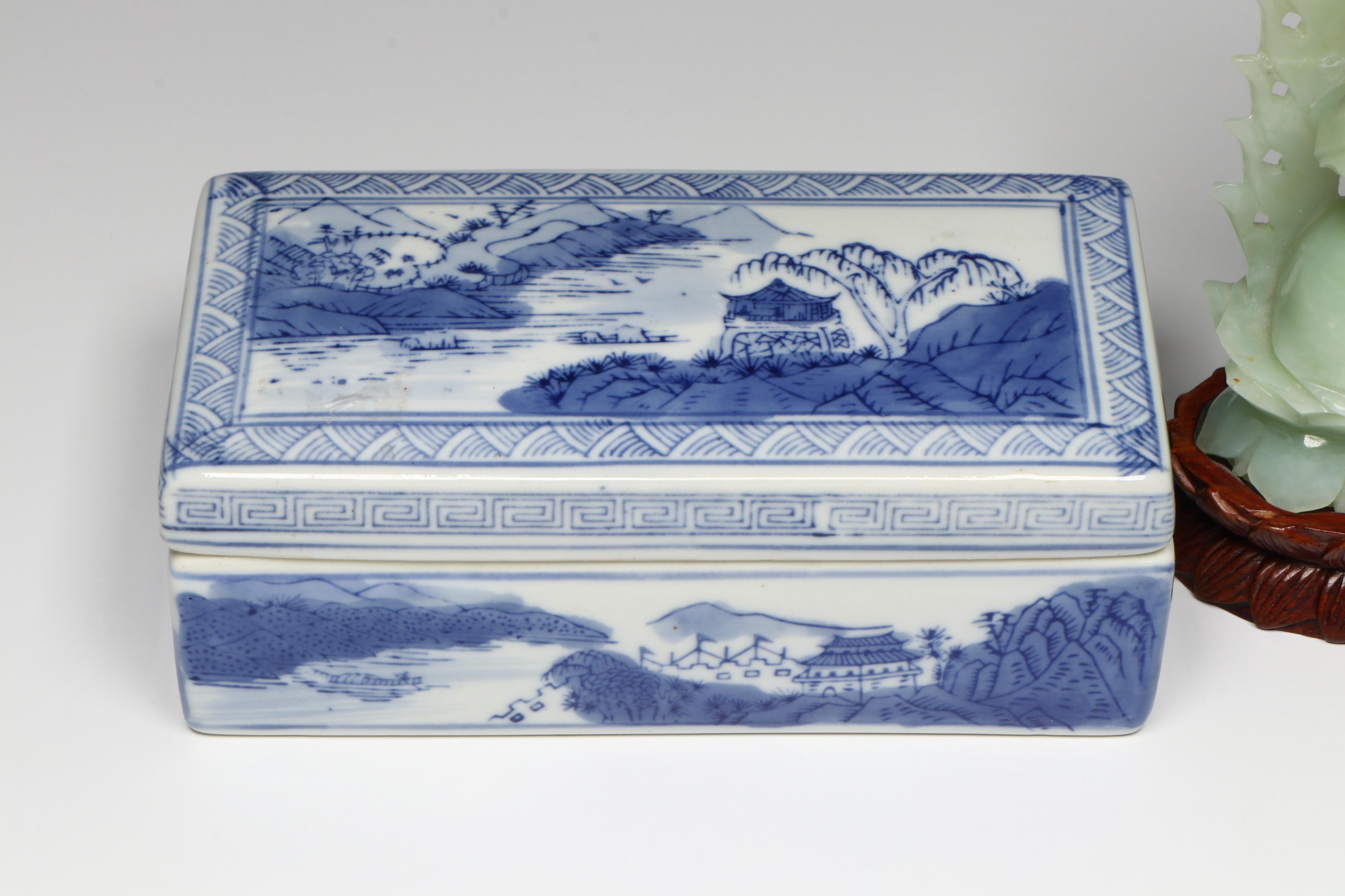 Chinese Carved Serpentine Buddha with Porcelain and Brass Collection