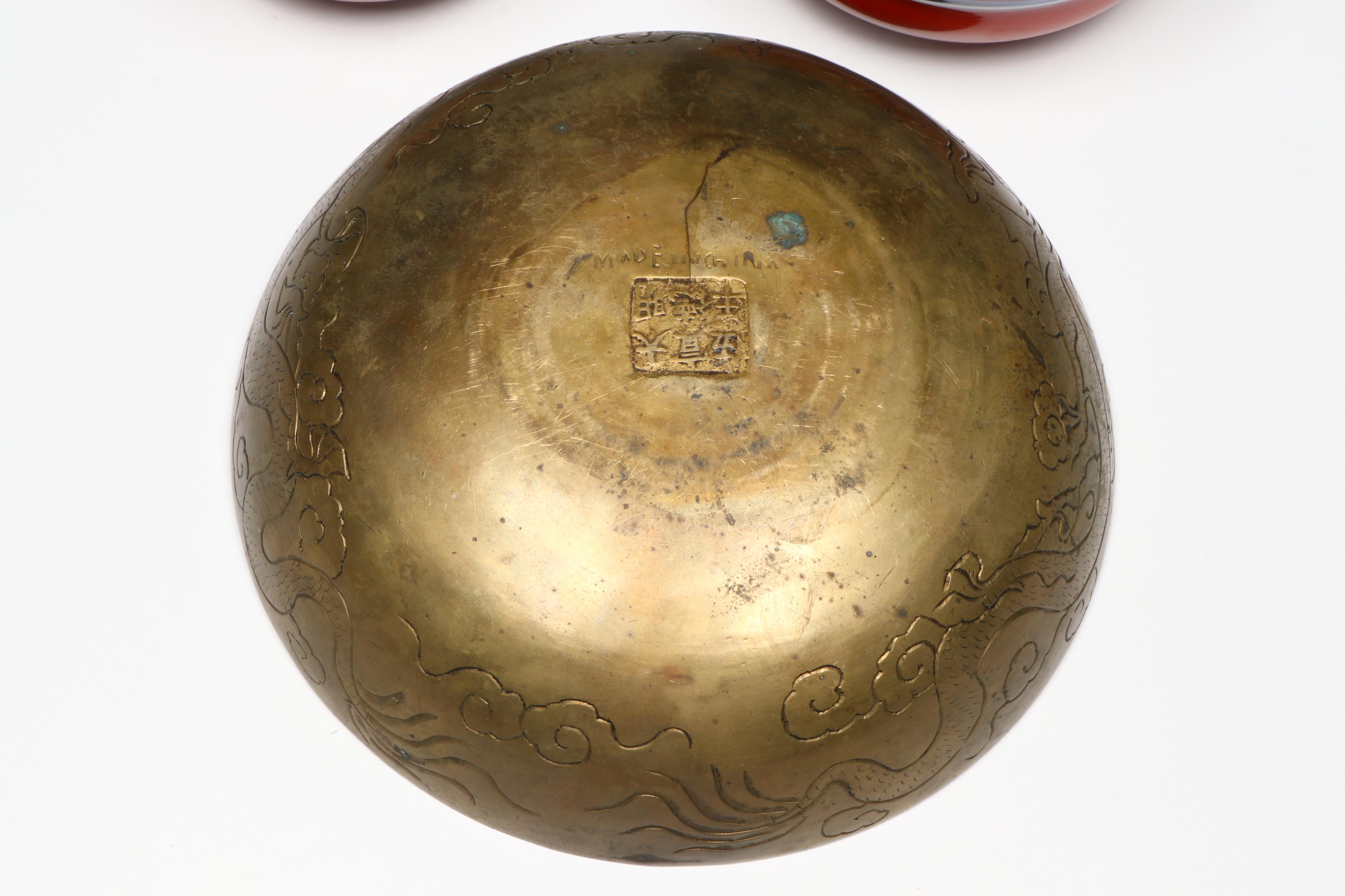 Chinese Carved Serpentine Buddha with Porcelain and Brass Collection