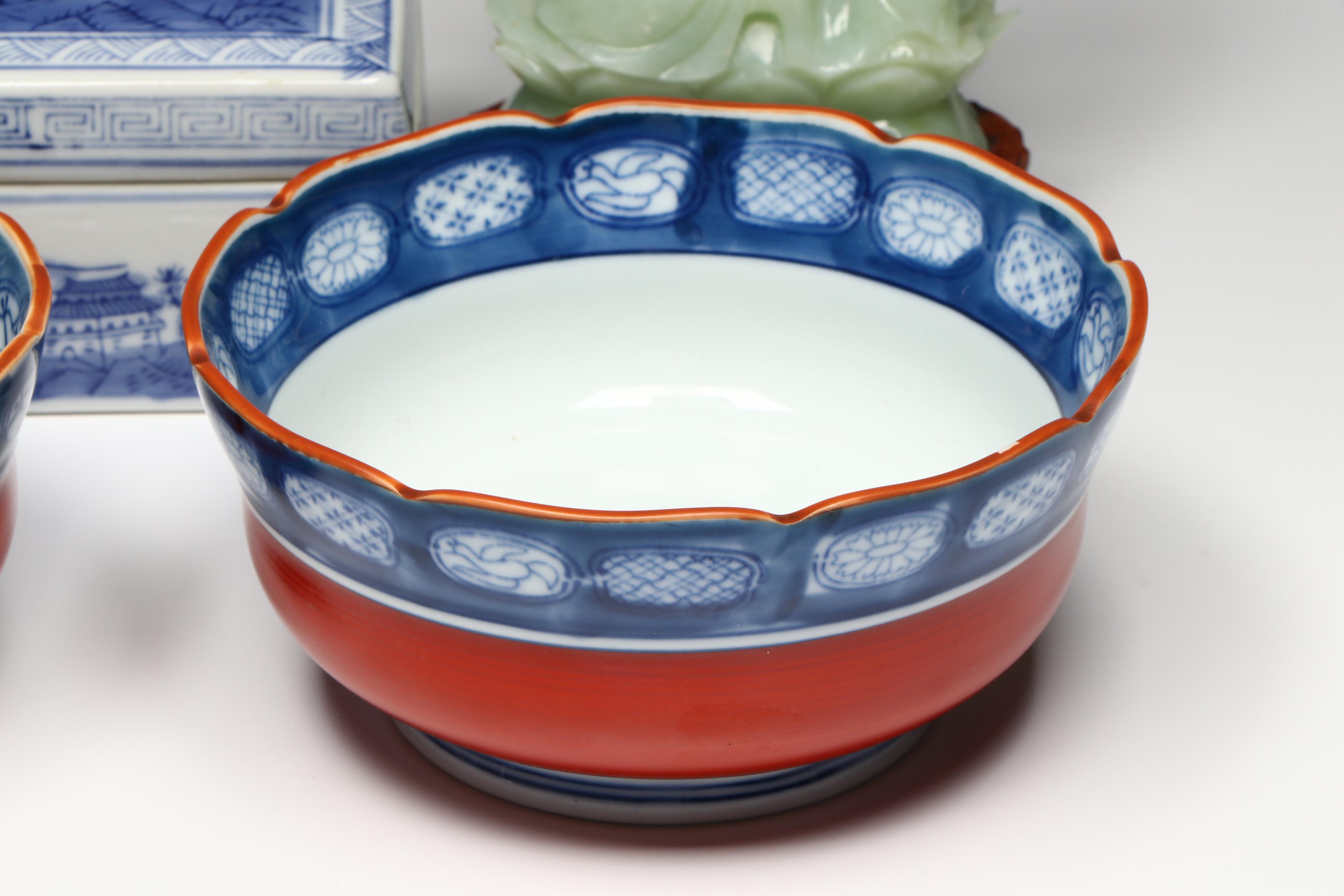 Chinese Carved Serpentine Buddha with Porcelain and Brass Collection