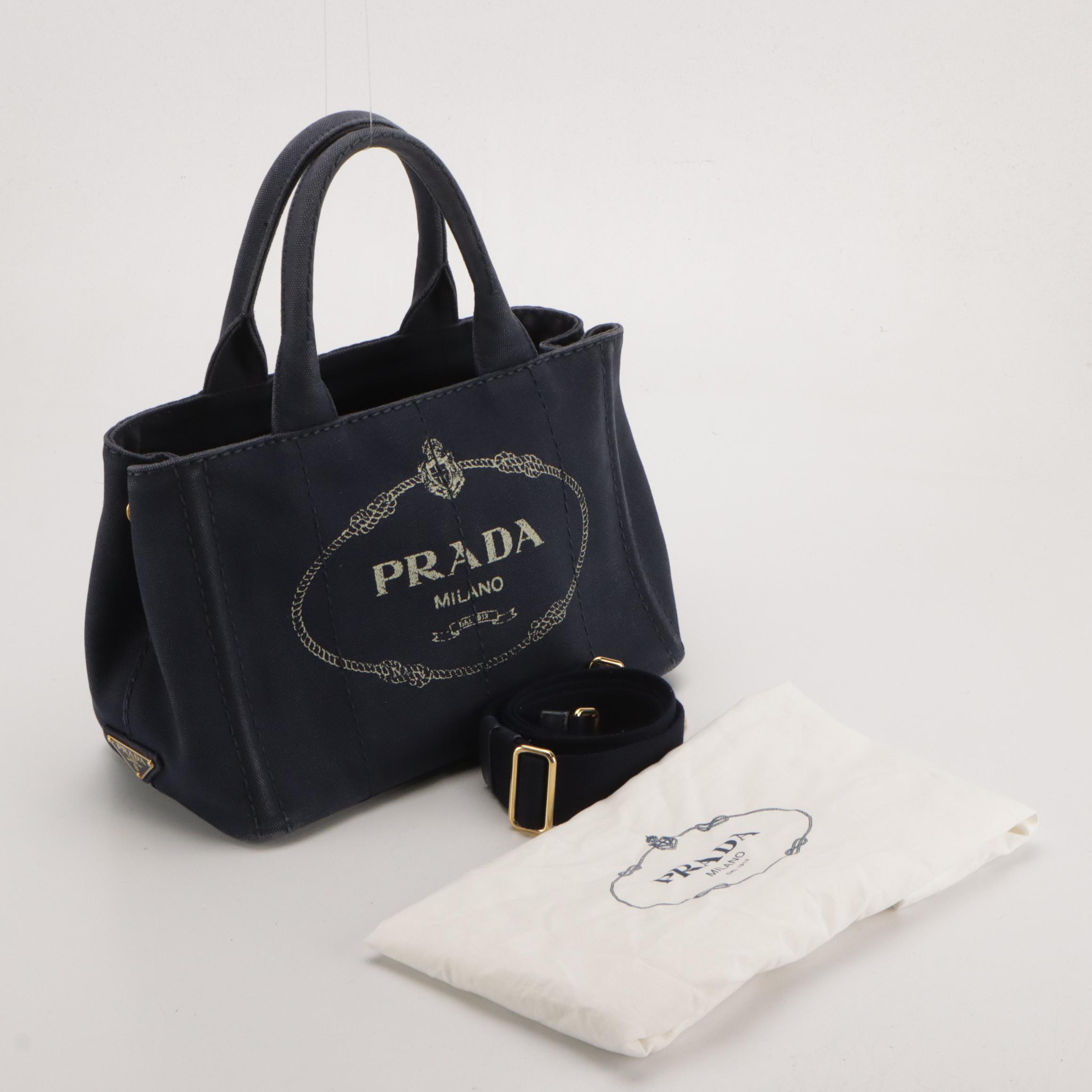 Prada Small Canapa Logo Two-Way Tote in Dark Blue Jean Canvas