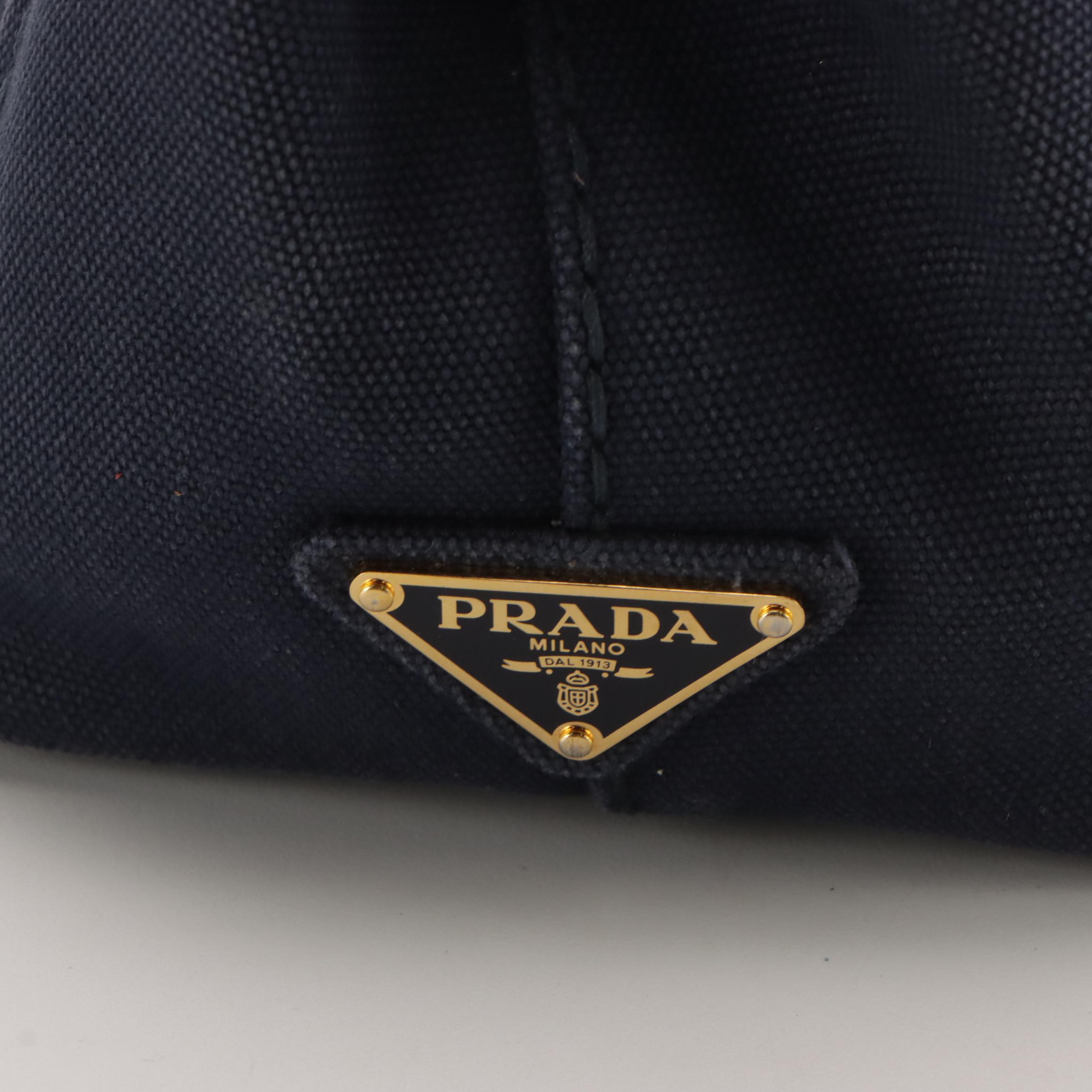 Prada Small Canapa Logo Two-Way Tote in Dark Blue Jean Canvas