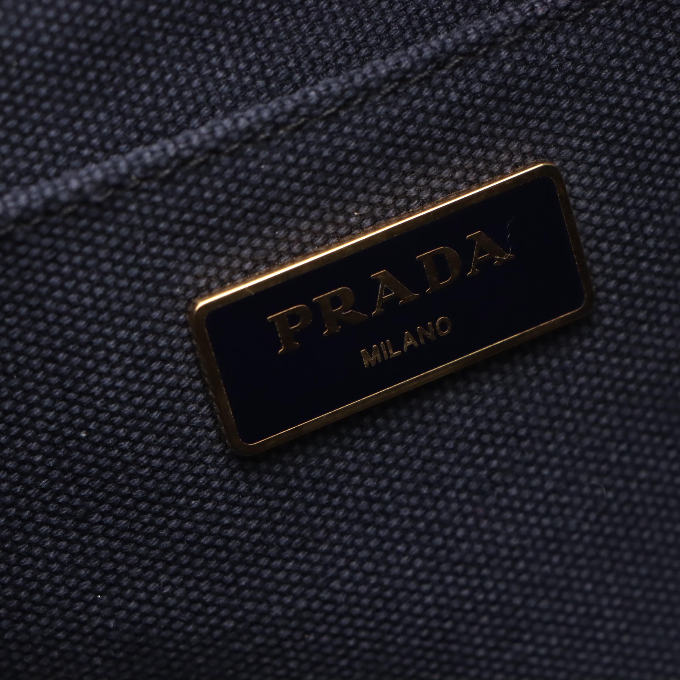 Prada Small Canapa Logo Two-Way Tote in Dark Blue Jean Canvas