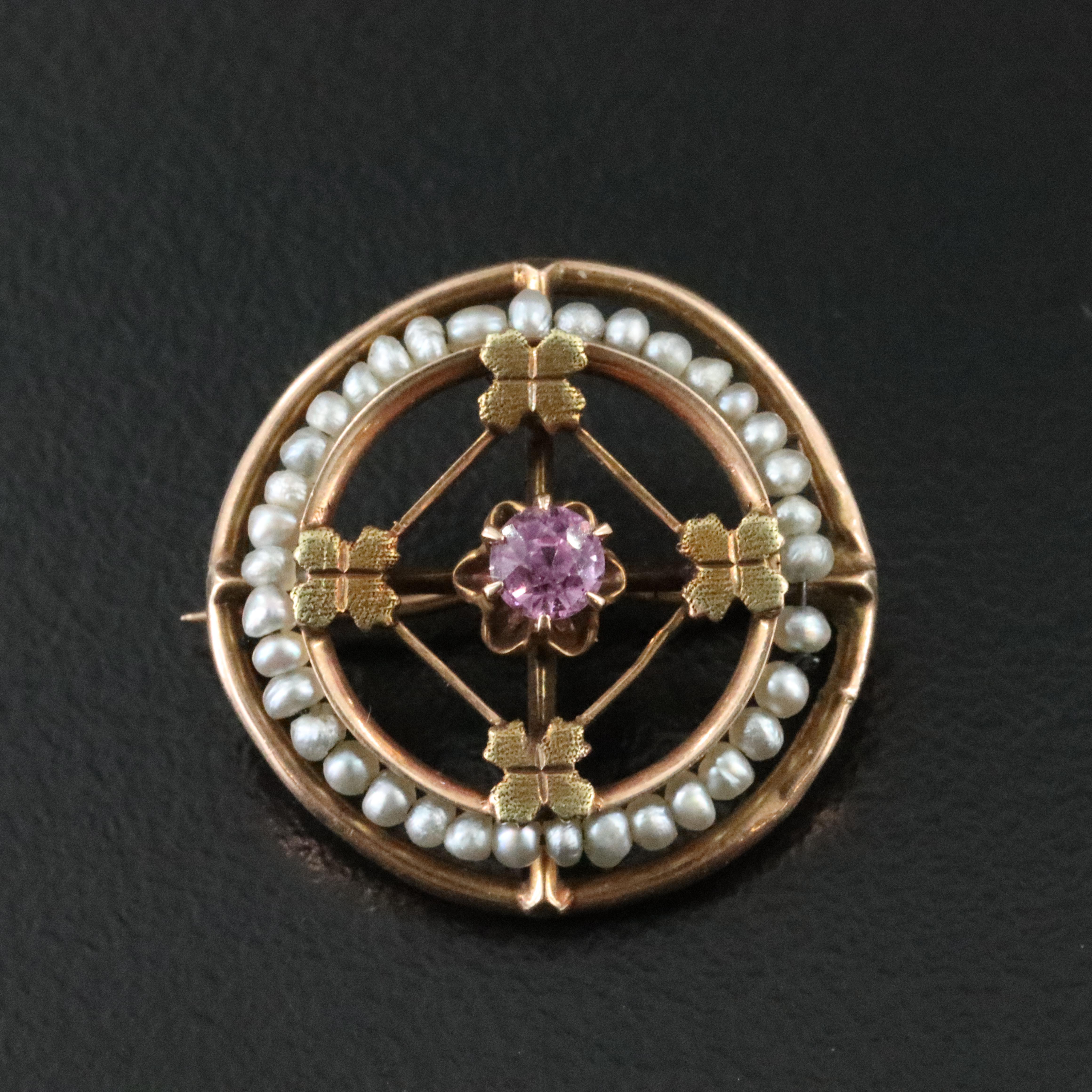 10K Lab Grown Pink Sapphire and Seed Pearl Brooch