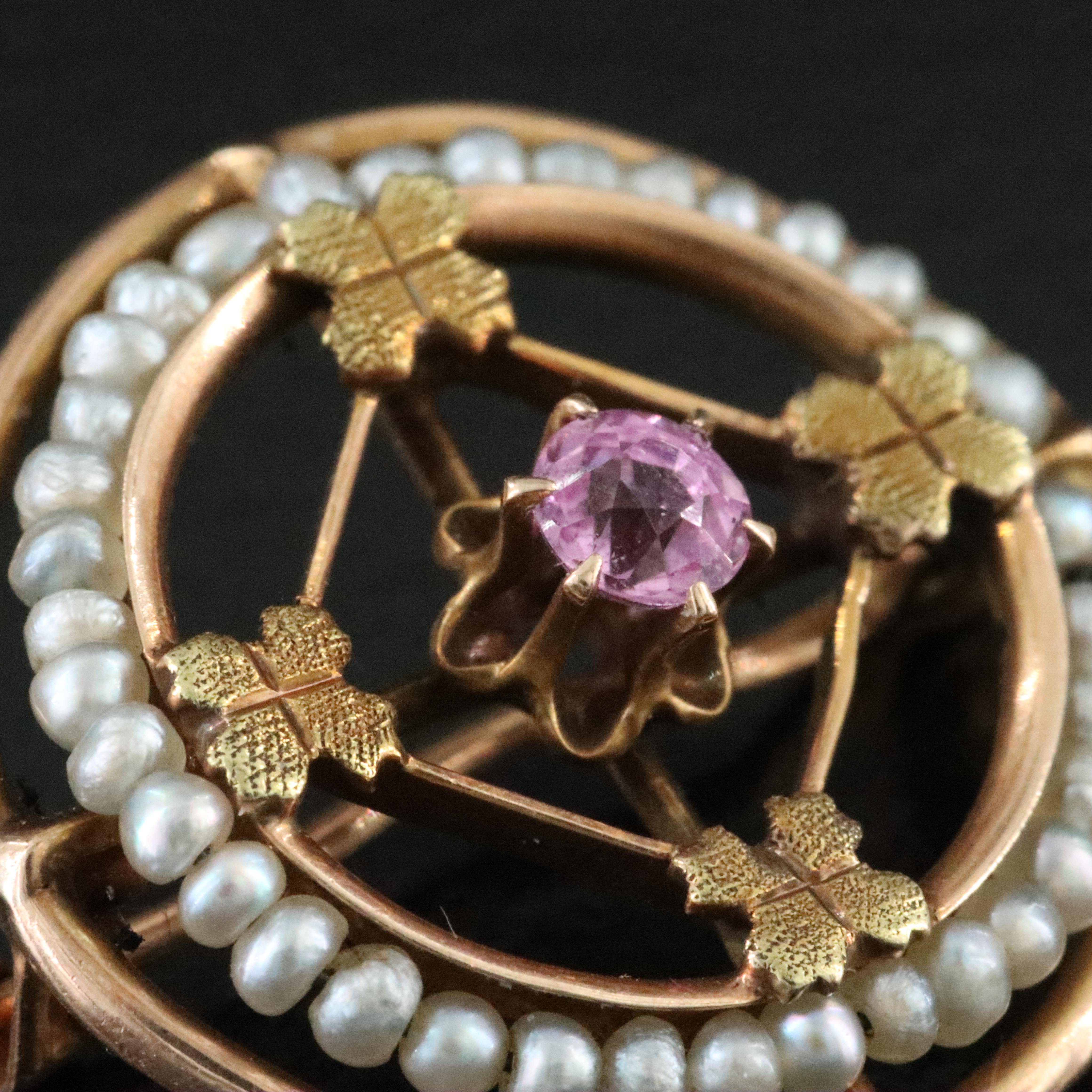10K Lab Grown Pink Sapphire and Seed Pearl Brooch