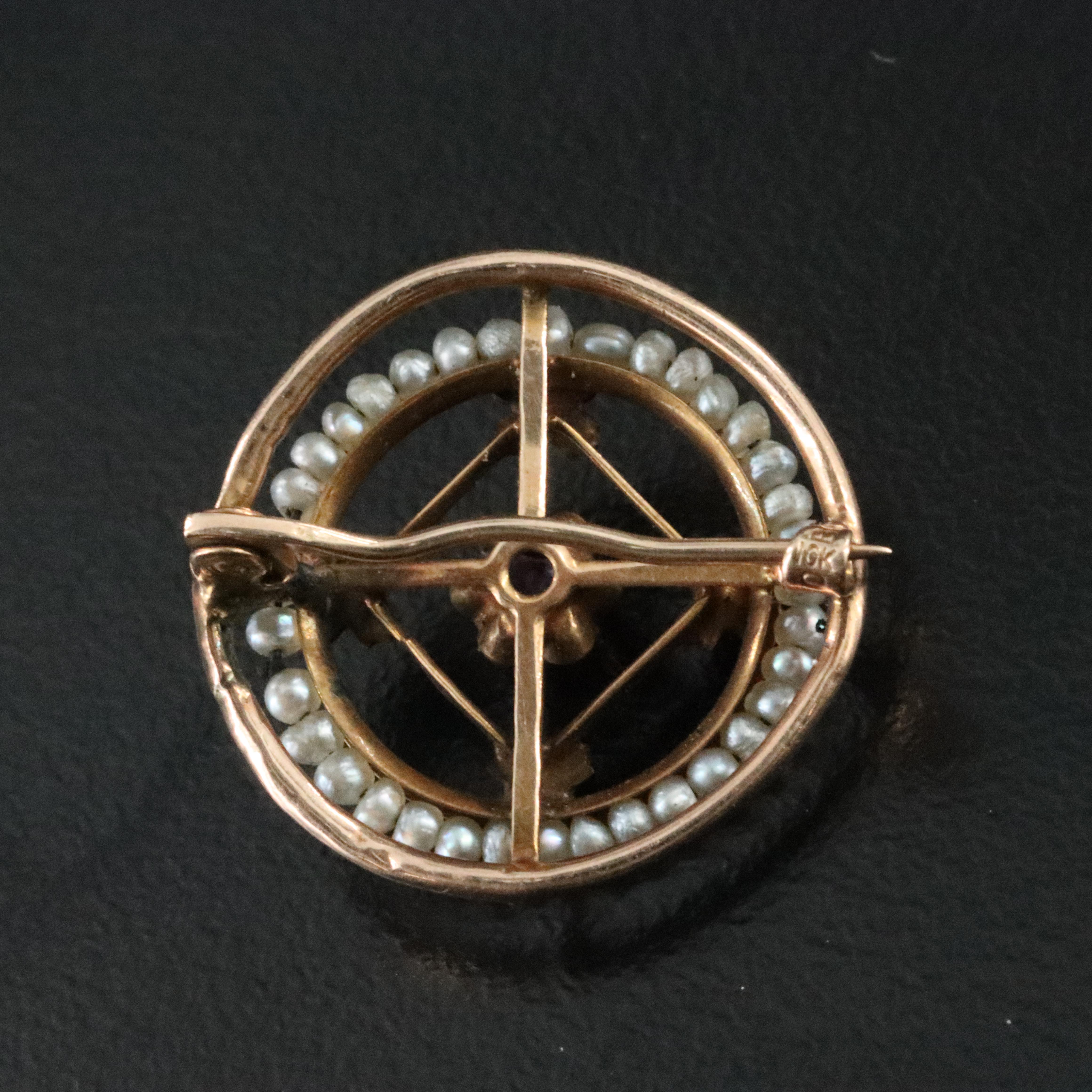 10K Lab Grown Pink Sapphire and Seed Pearl Brooch