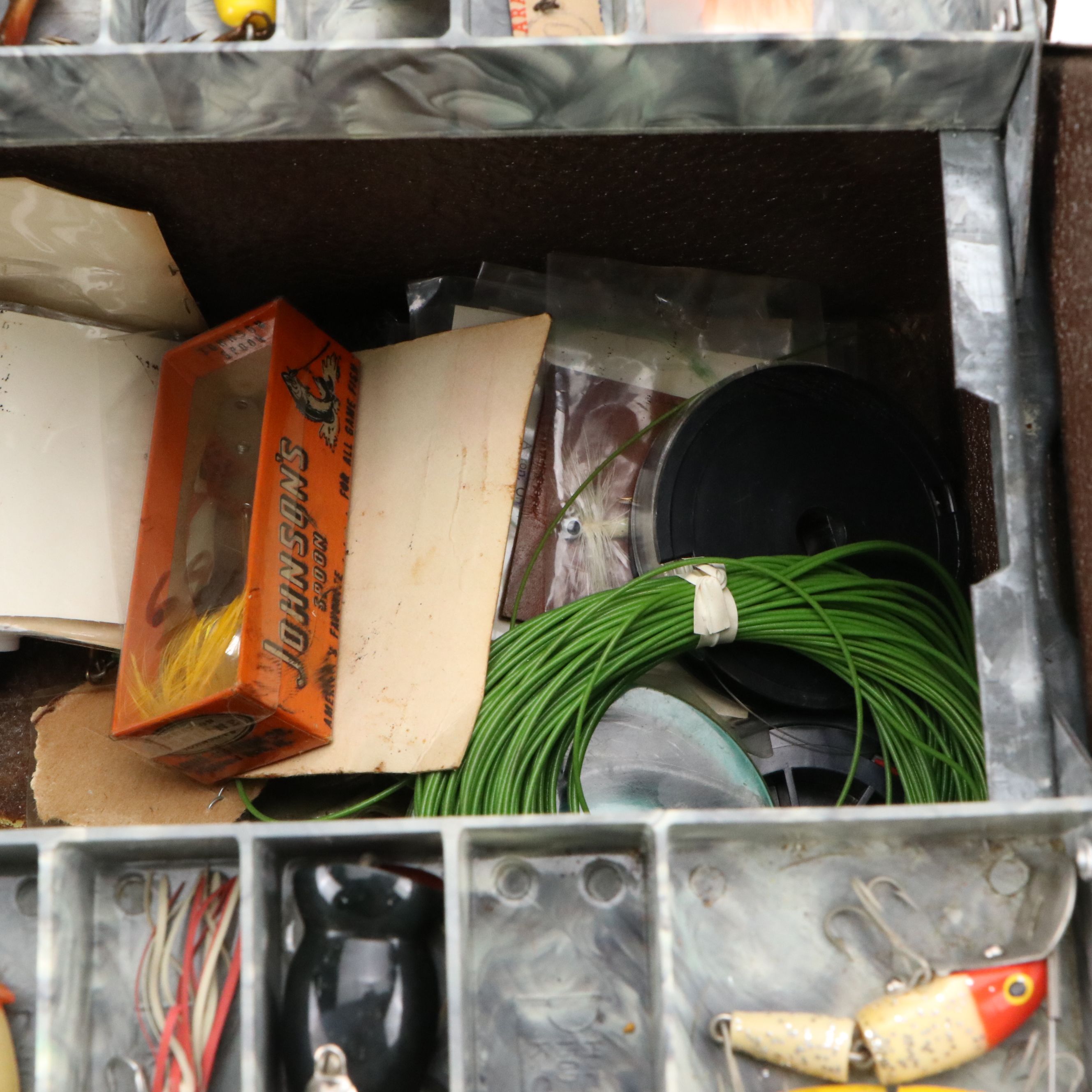 Philson "Spinner 4" Metal Tackle Box with Other Vintage Fishing Gear, 1960s