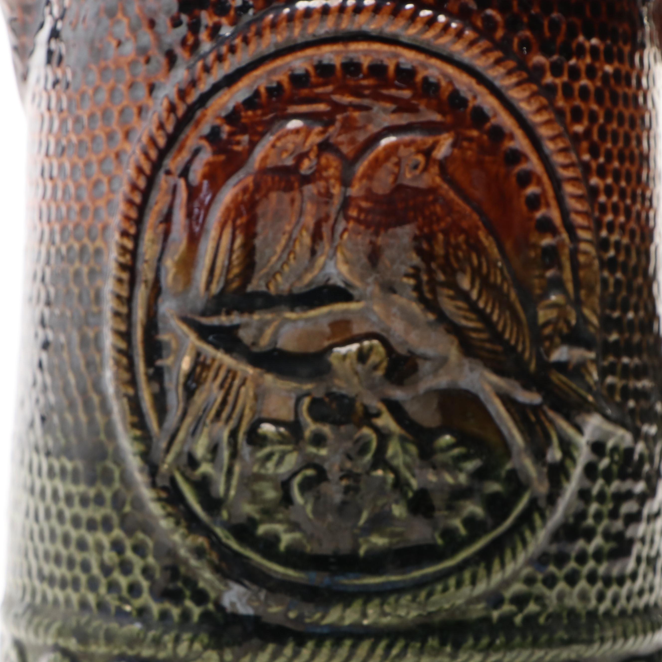 Green and Brown Glaze Bird Medallion Ceramic Pitcher