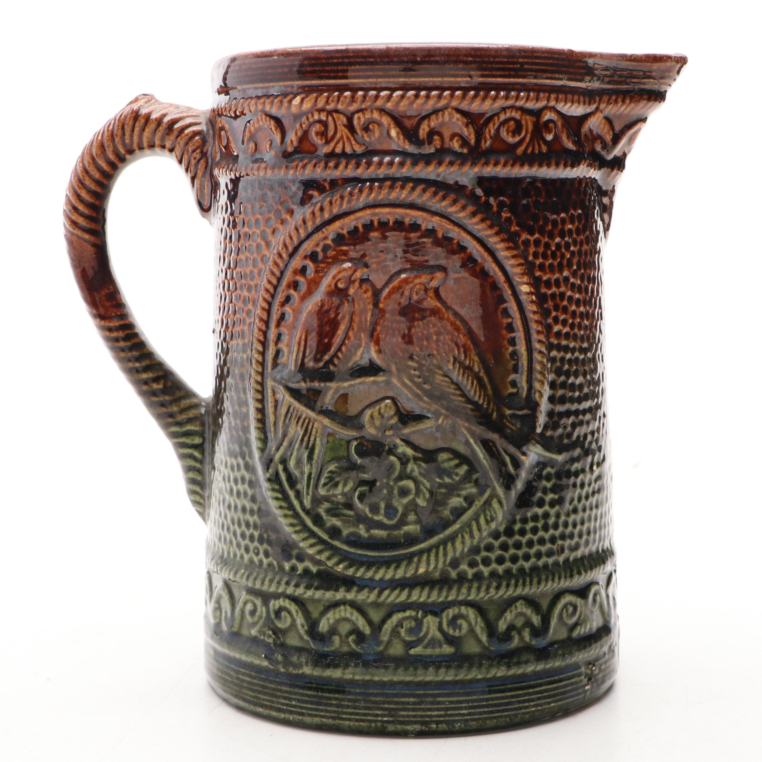 Green and Brown Glaze Bird Medallion Ceramic Pitcher