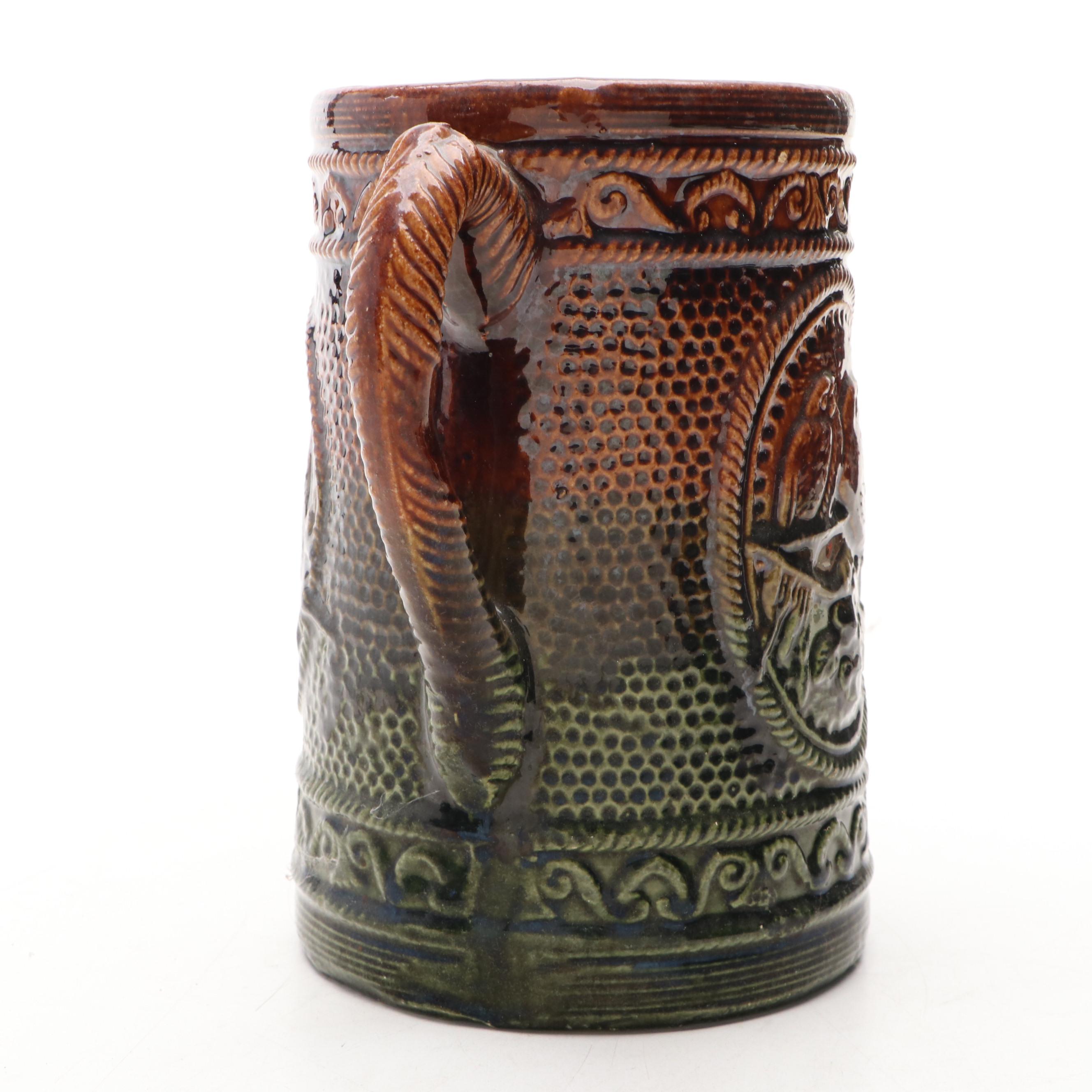 Green and Brown Glaze Bird Medallion Ceramic Pitcher