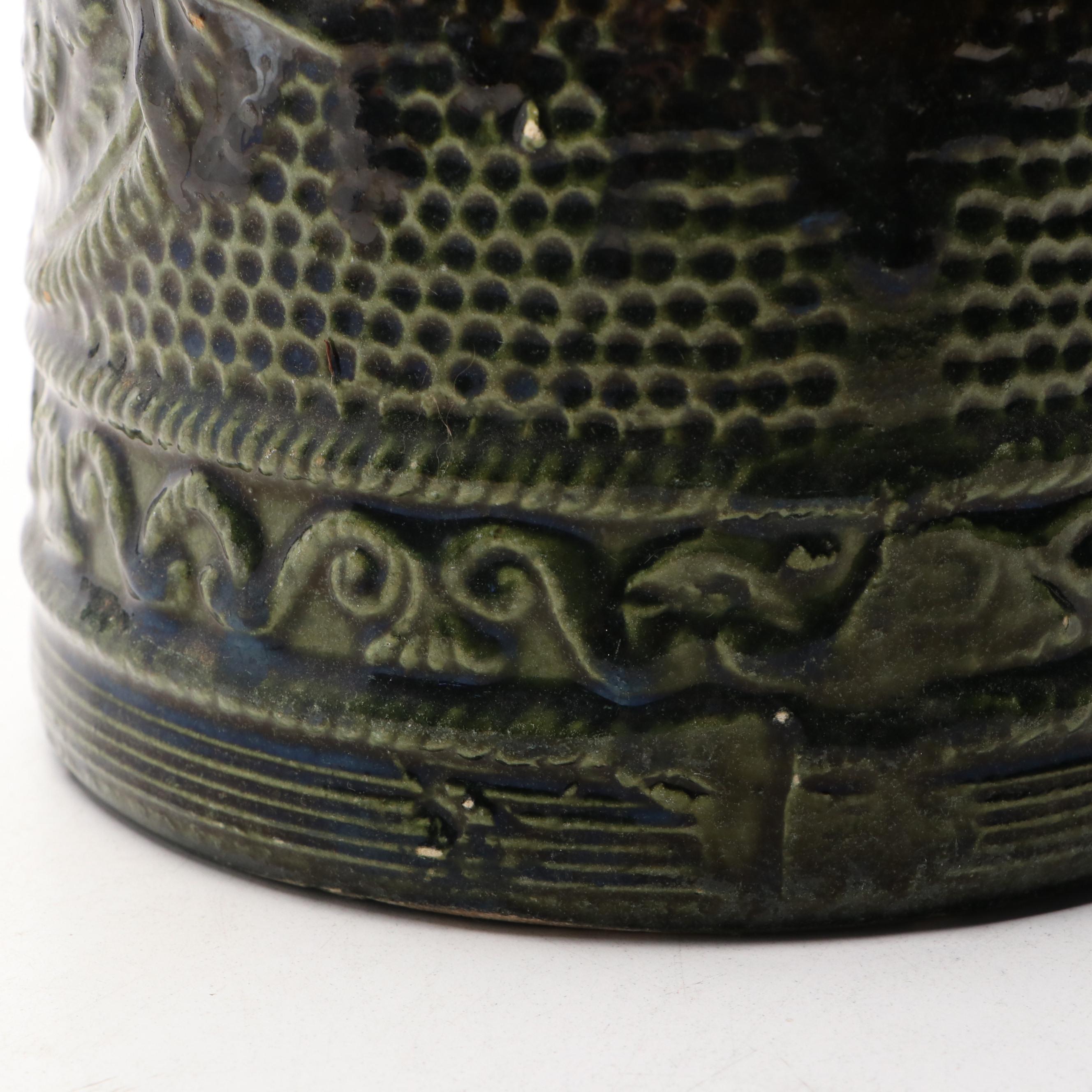 Green and Brown Glaze Bird Medallion Ceramic Pitcher