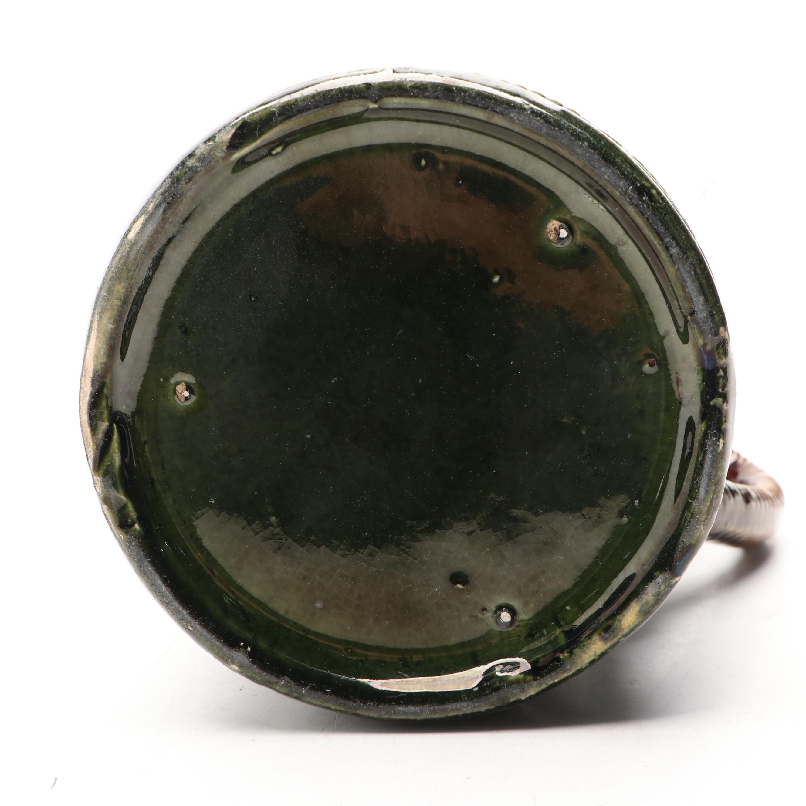 Green and Brown Glaze Bird Medallion Ceramic Pitcher