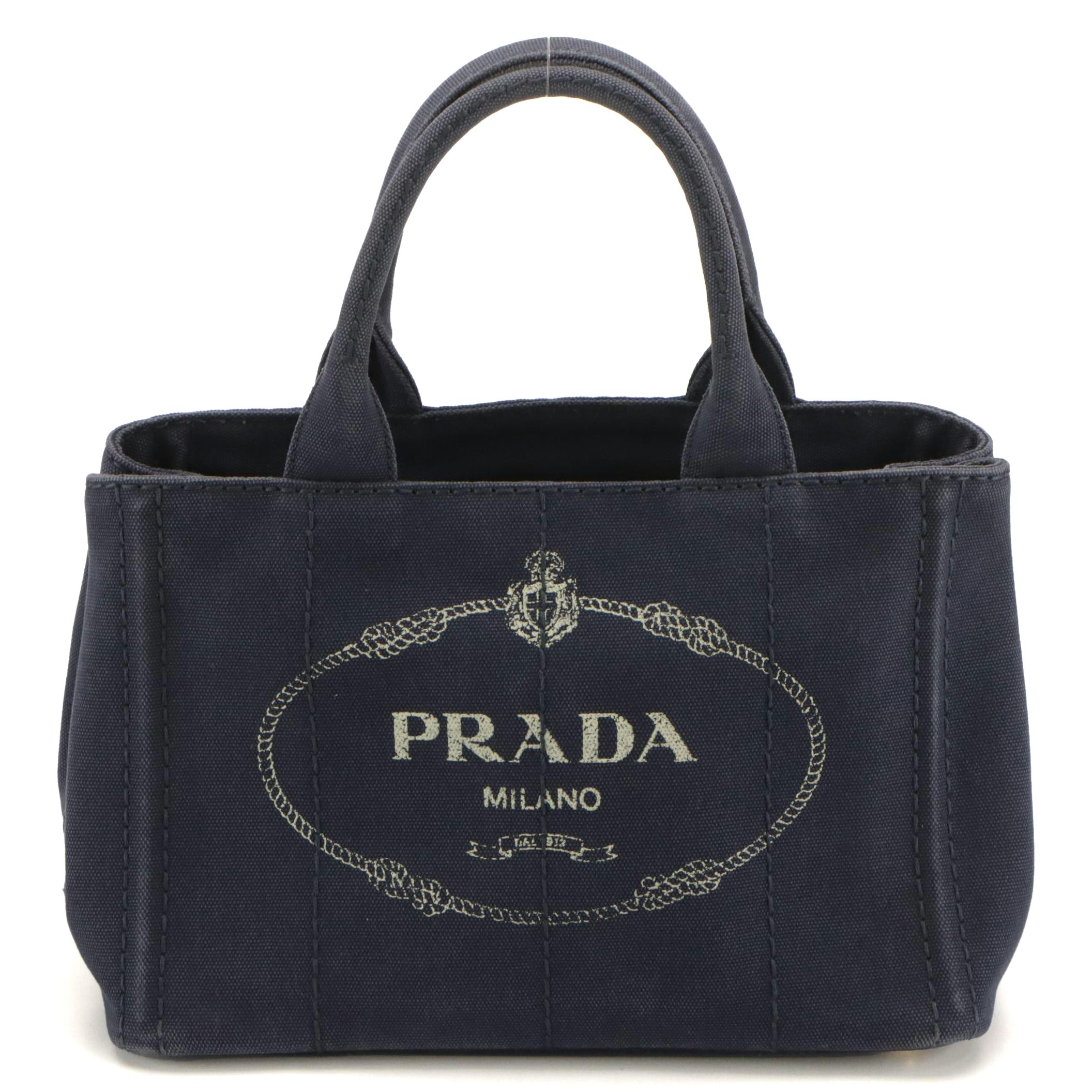 Prada Small Canapa Logo Two-Way Tote in Dark Blue Jean Canvas