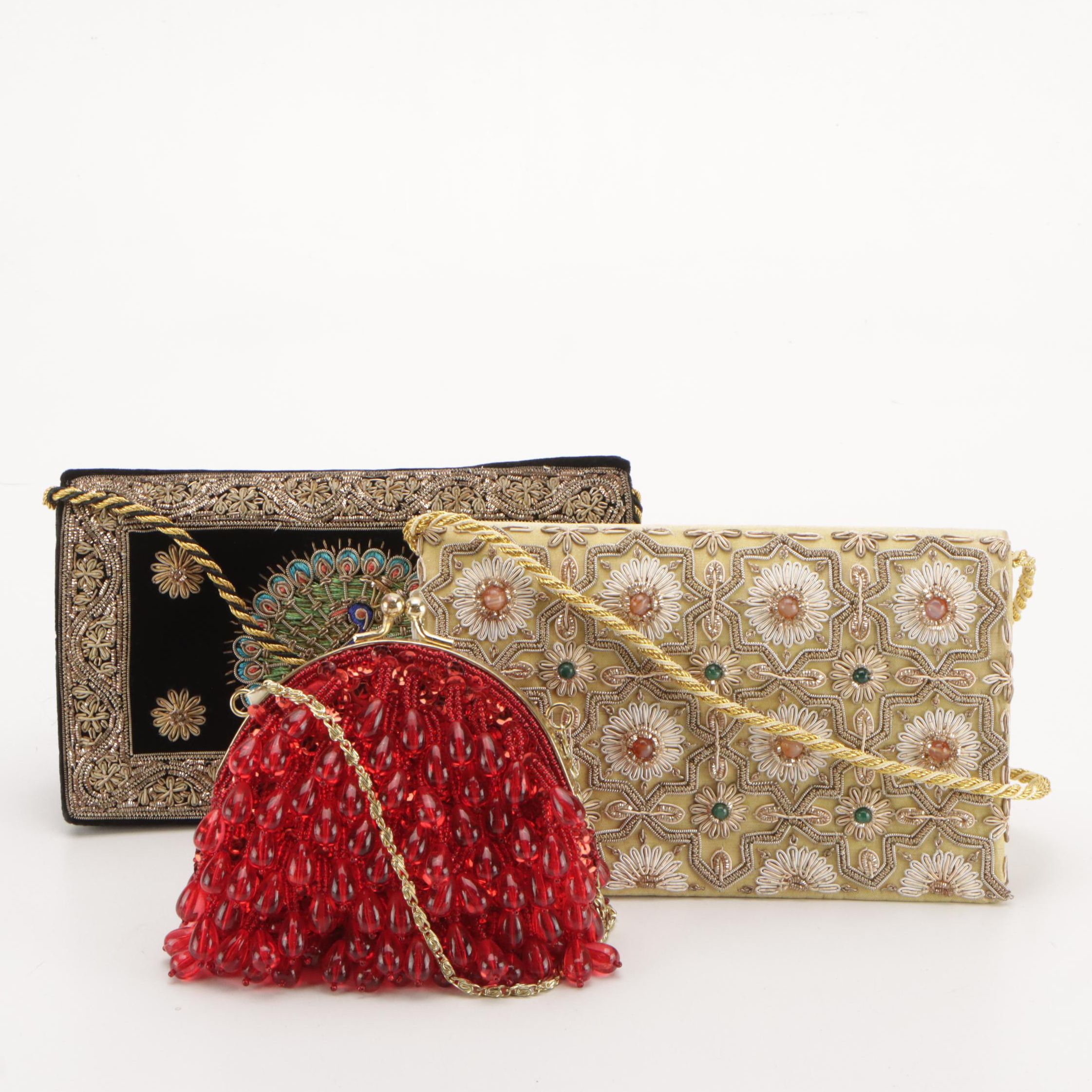 La Regale Red Teardrop Beaded Crossbody with Other Beaded Convertible Clutches