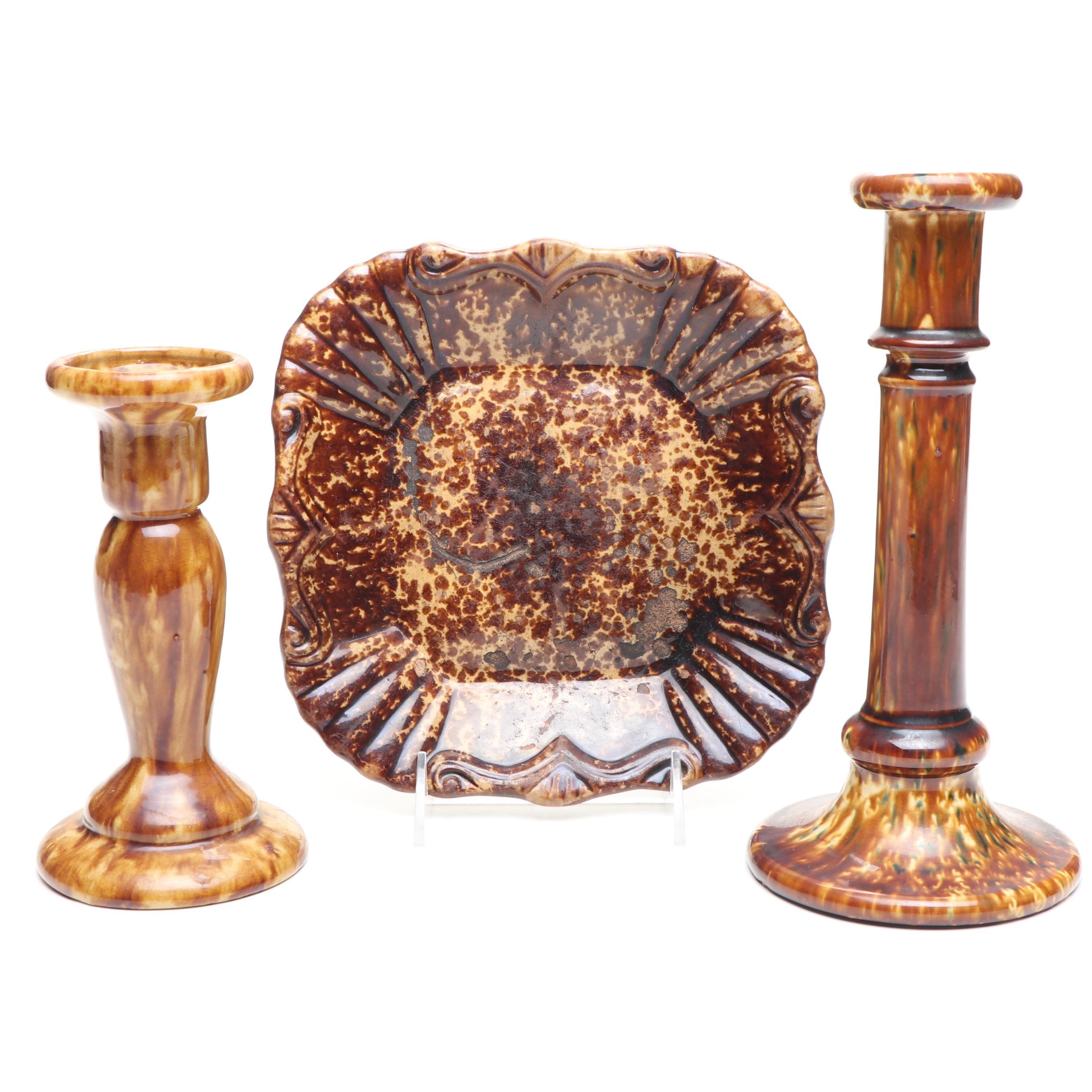 Bennington Rockingham Glazed Ceramic Candlesticks and Platter, 19th Century