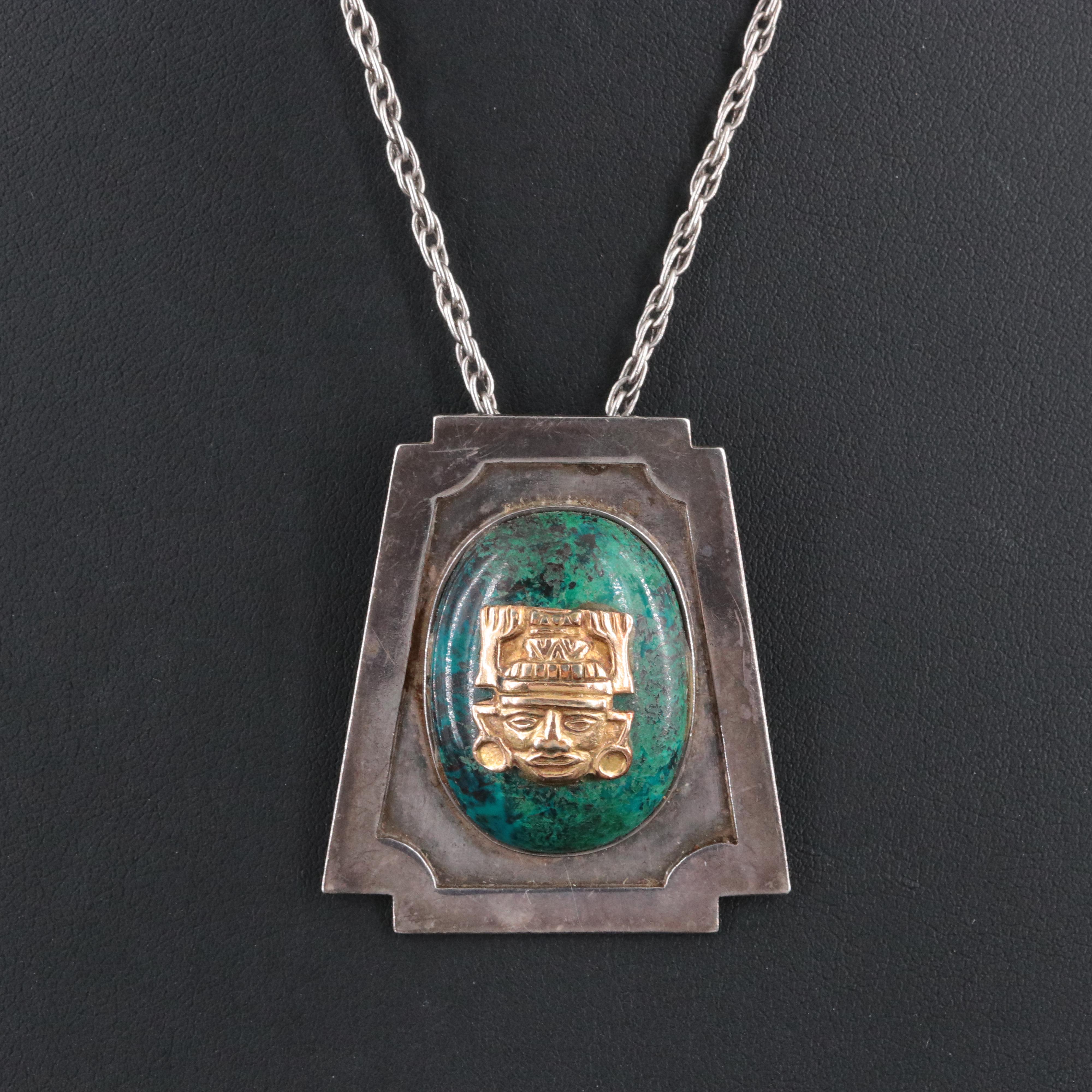Sterling Mesoamerican Themed Pendant Necklace