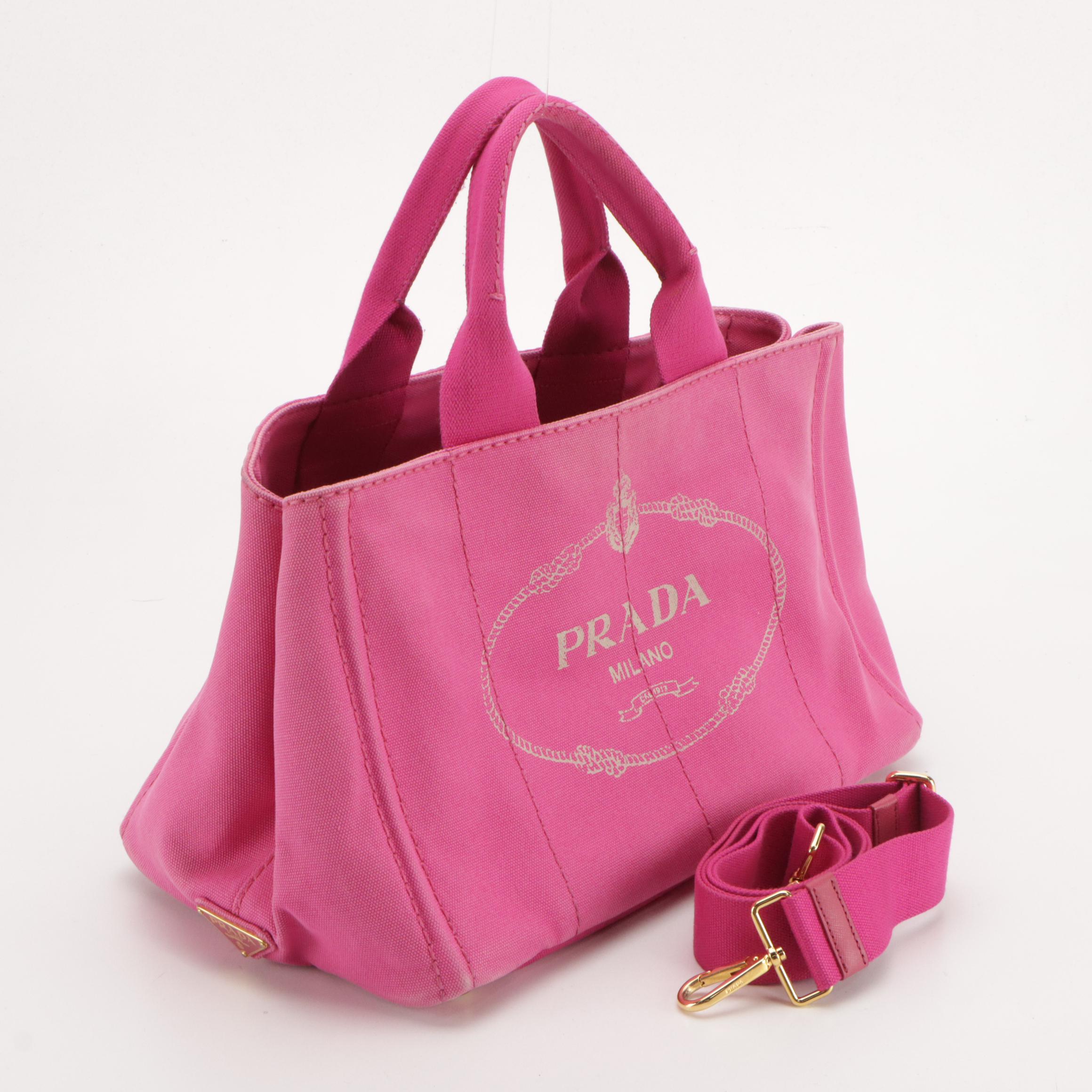Prada Large Canapa Logo Two-Way Tote in Fuchsia Pink Canvas