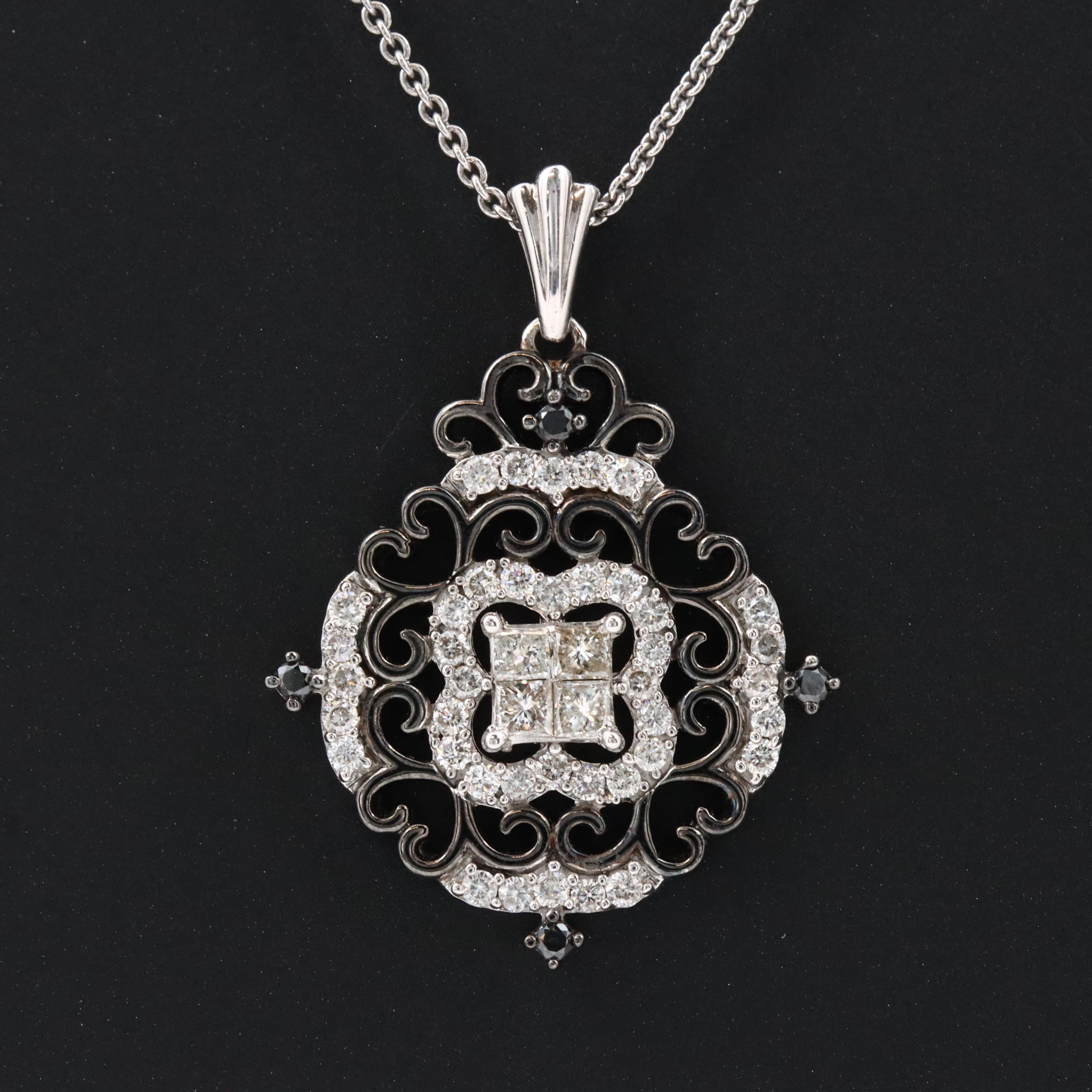 Sterling Silver Diamond and Black Diamond Pendant Necklace