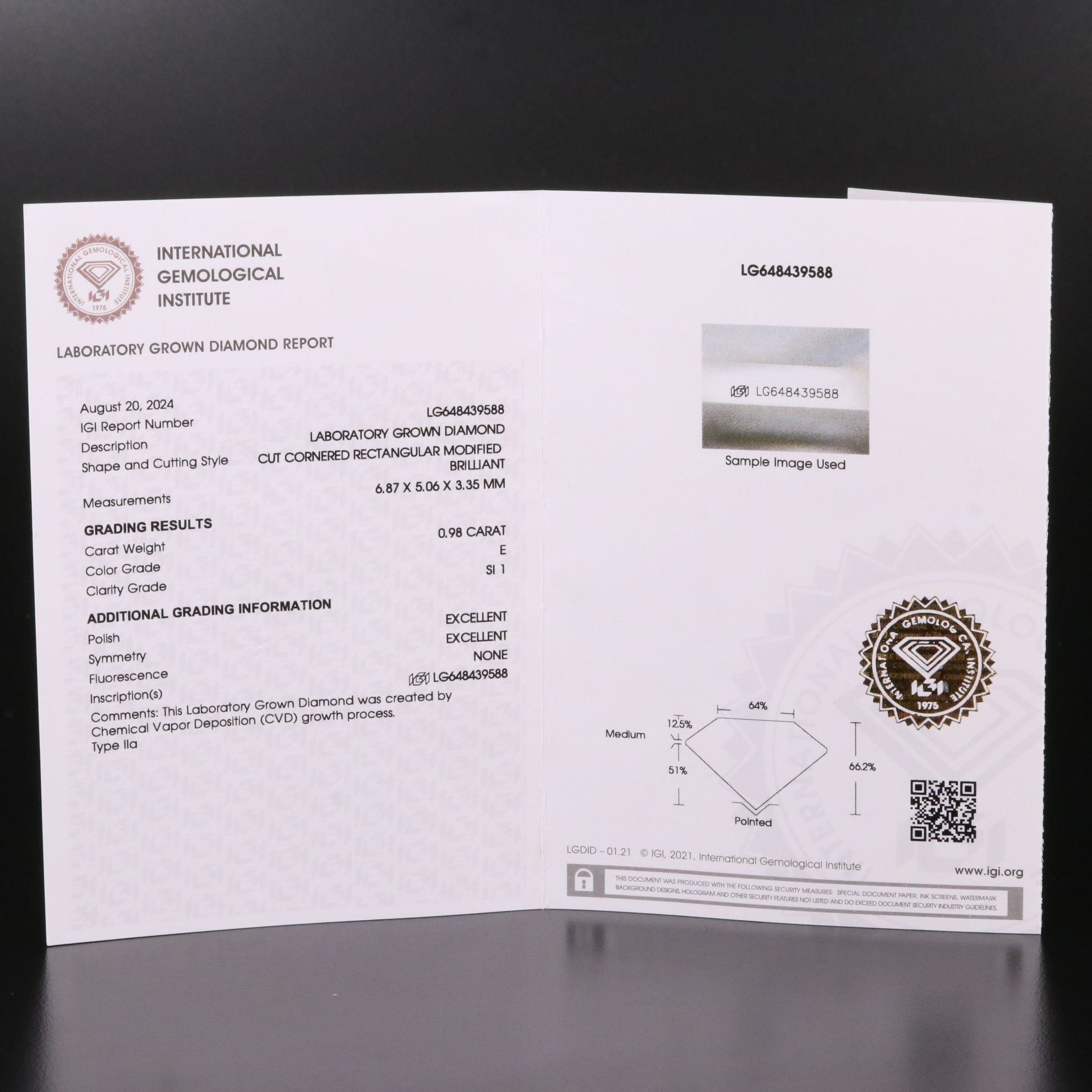 Loose 0.98 CT Lab Grown Diamond with IGI Report