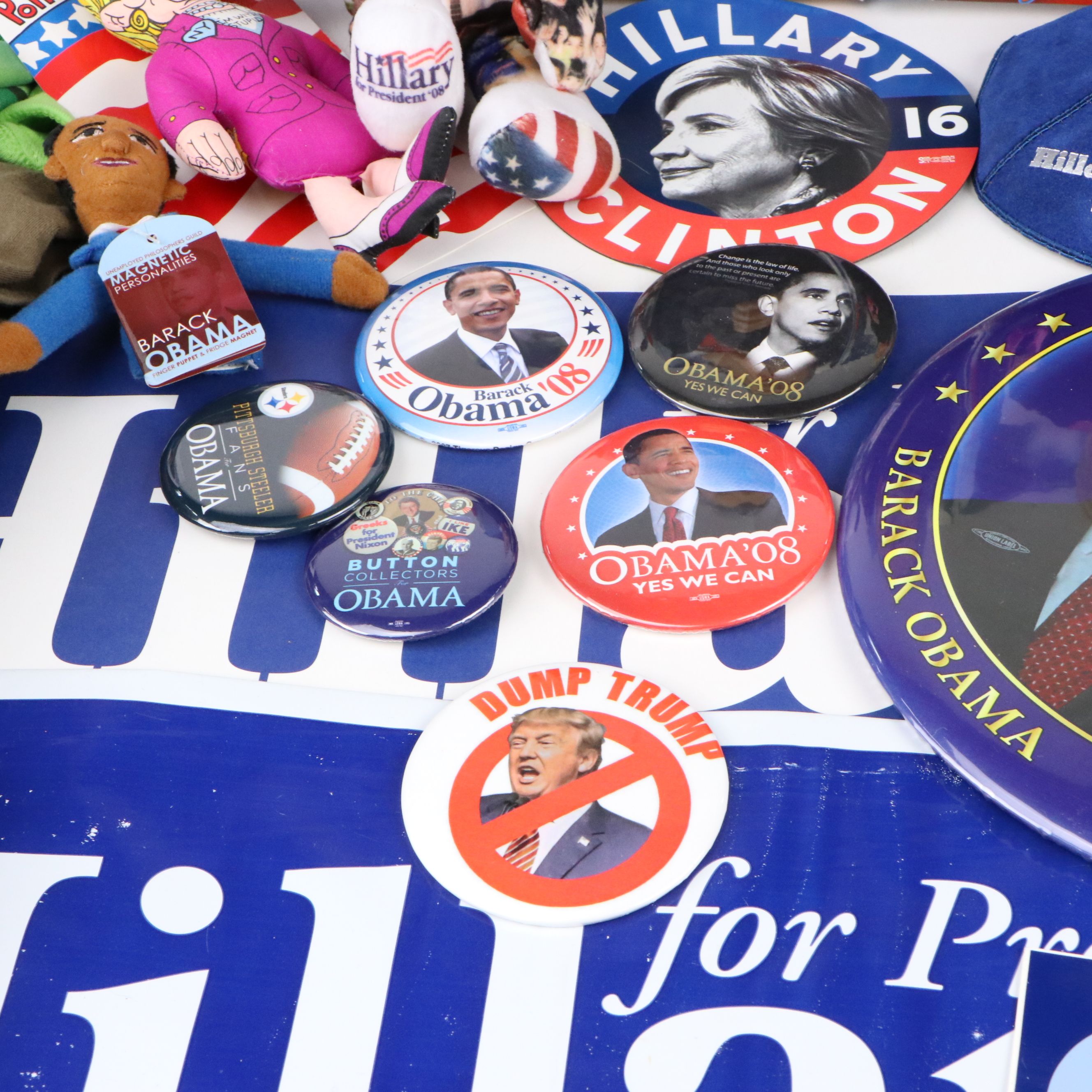 Hillary Clinton, Obama with Other Campaign Pinbacks, Posters, Dolls and More