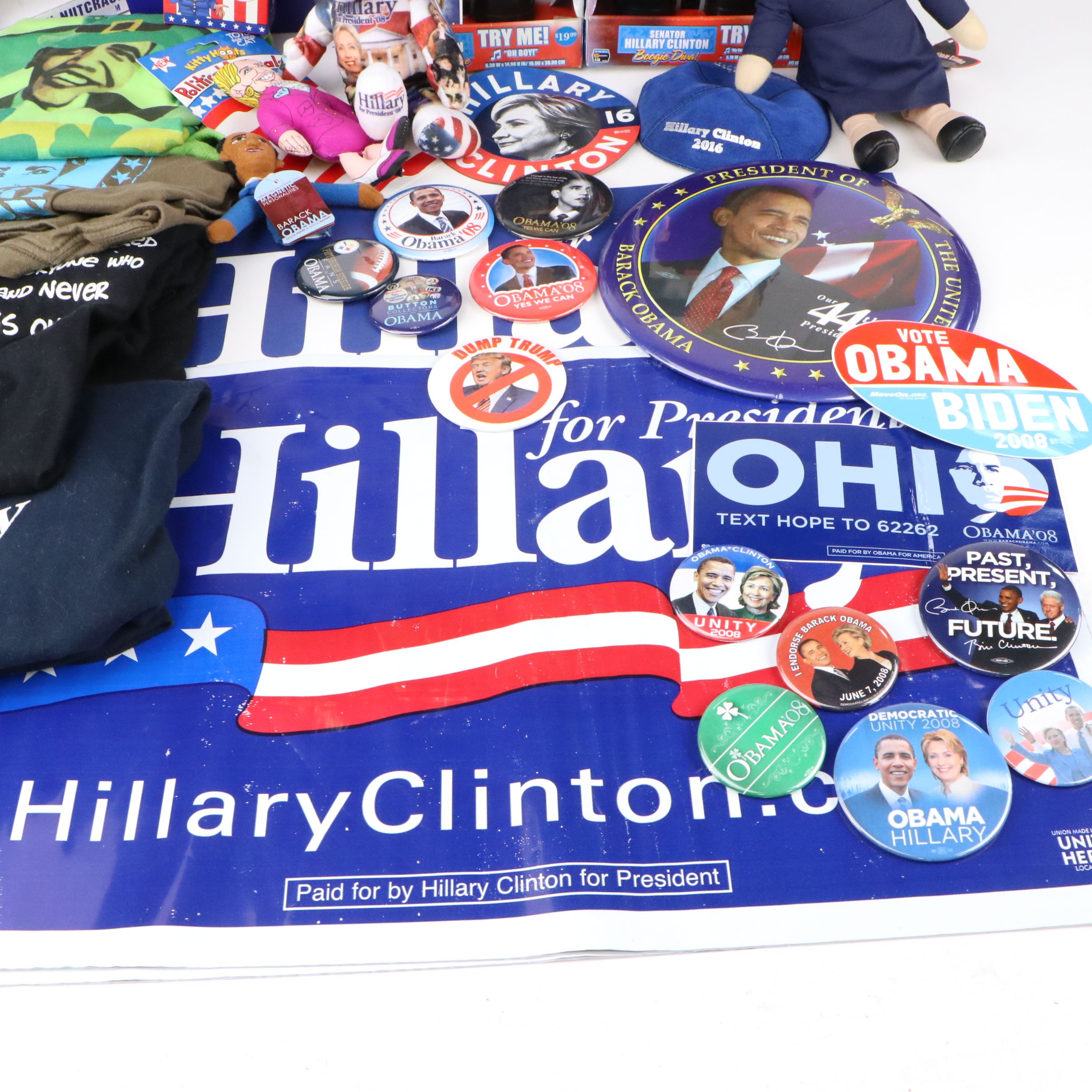 Hillary Clinton, Obama with Other Campaign Pinbacks, Posters, Dolls and More