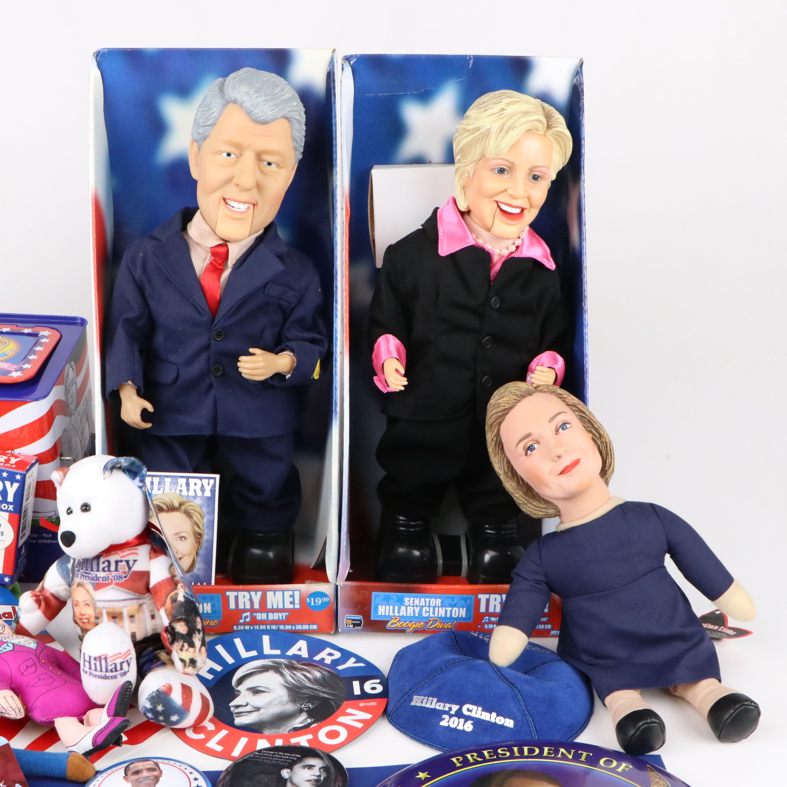 Hillary Clinton, Obama with Other Campaign Pinbacks, Posters, Dolls and More