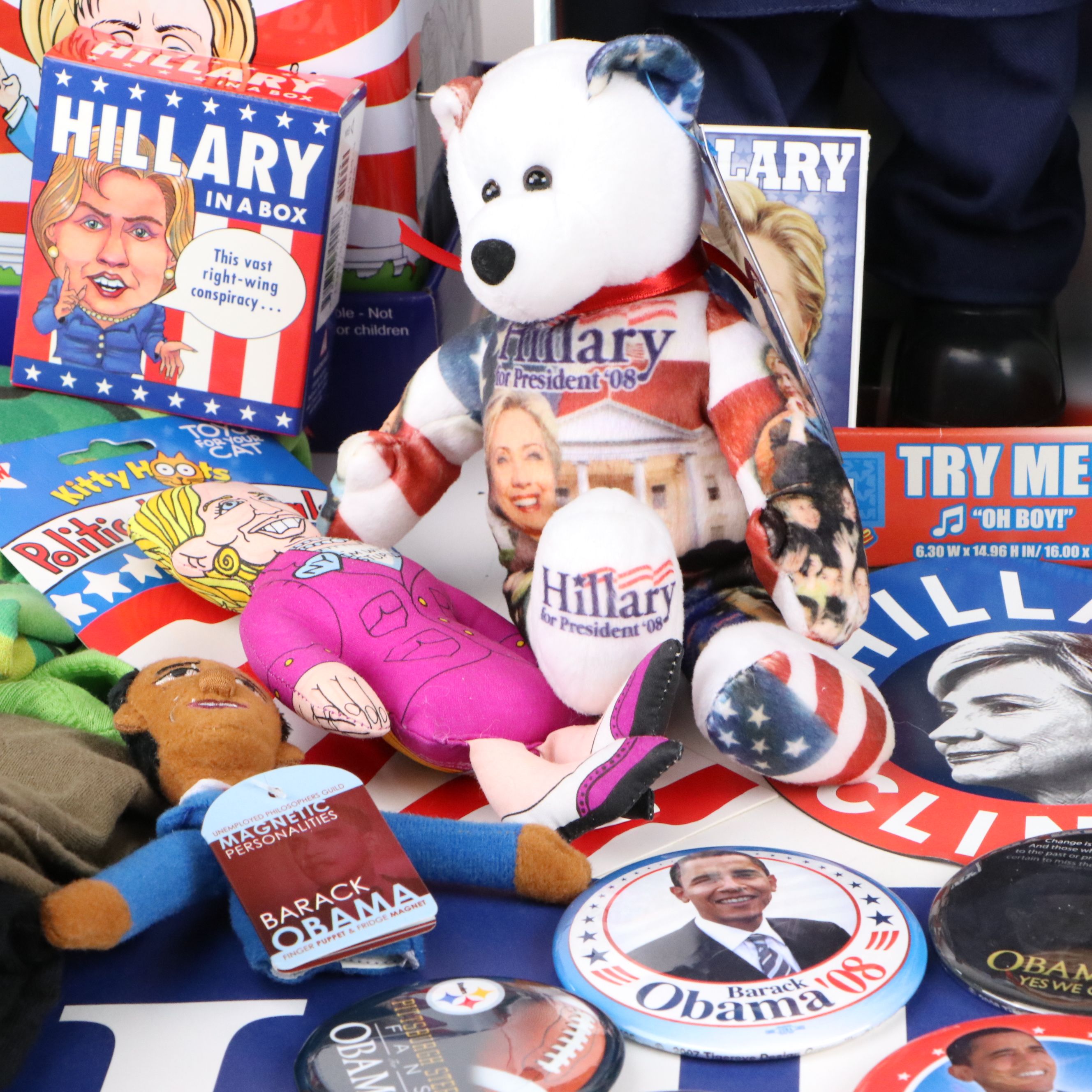 Hillary Clinton, Obama with Other Campaign Pinbacks, Posters, Dolls and More
