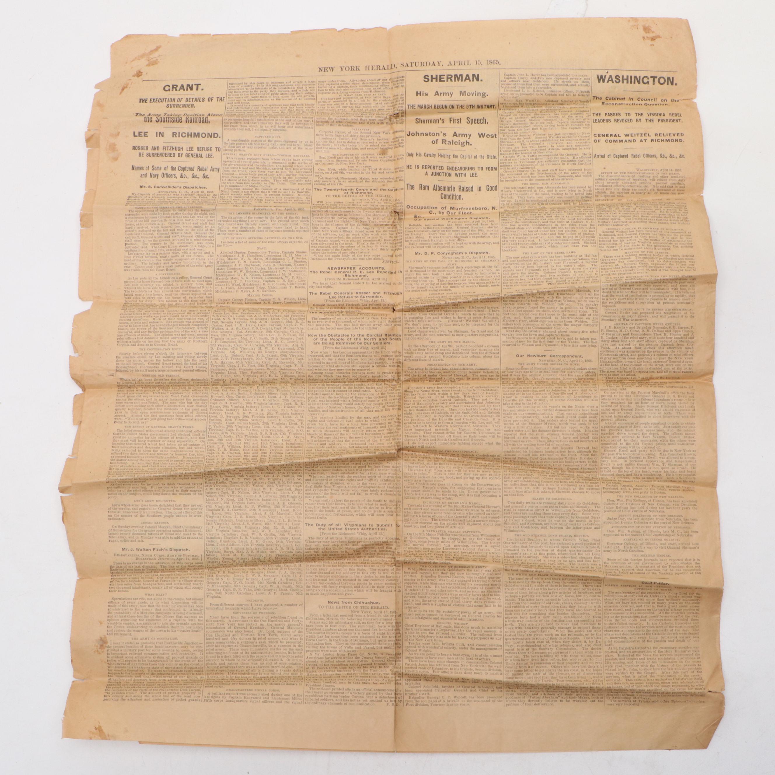 "The New York Herald" Newspaper Featuring Abraham Lincoln Assassination, 1865