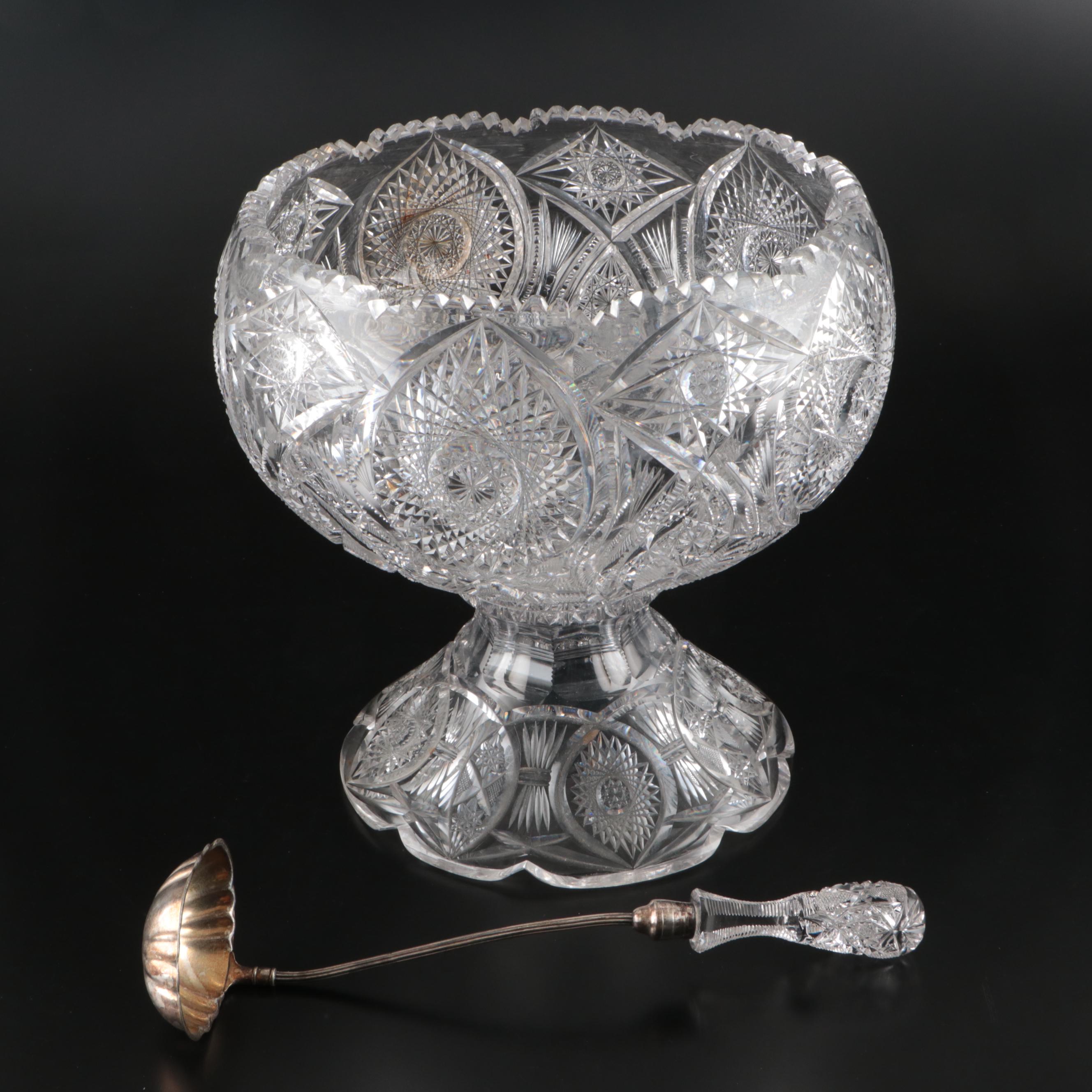 J. D. Bergen Co. Silver Plate Ladle with Crystal Pedestal Punch Bowl