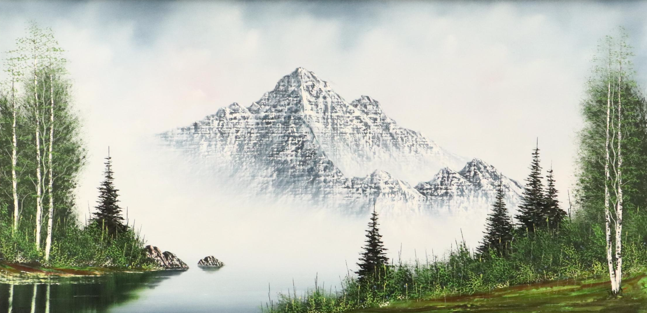 Large-Scale Mountainous Lake Landscape Oil Painting, Late 20th Century