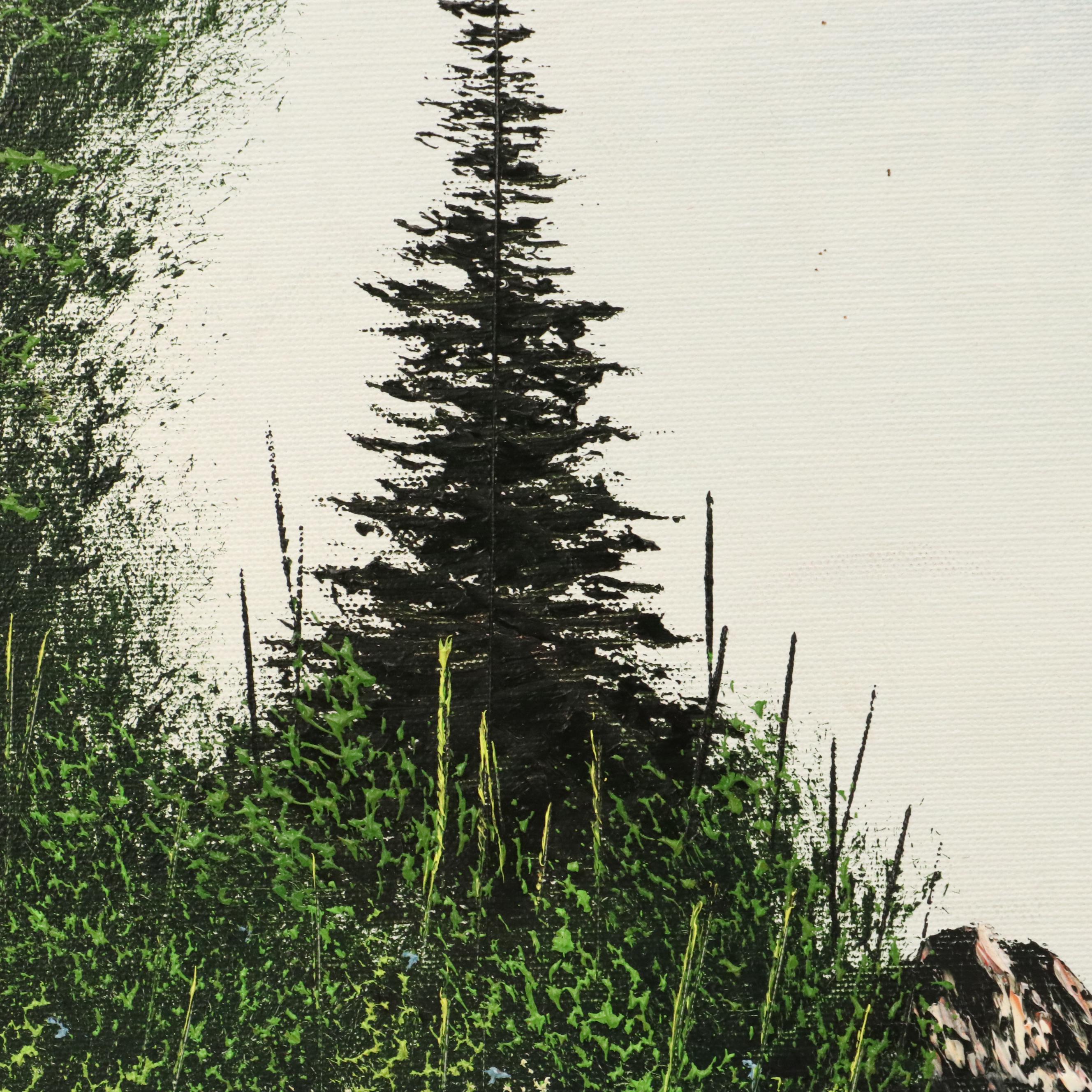 Large-Scale Mountainous Lake Landscape Oil Painting, Late 20th Century