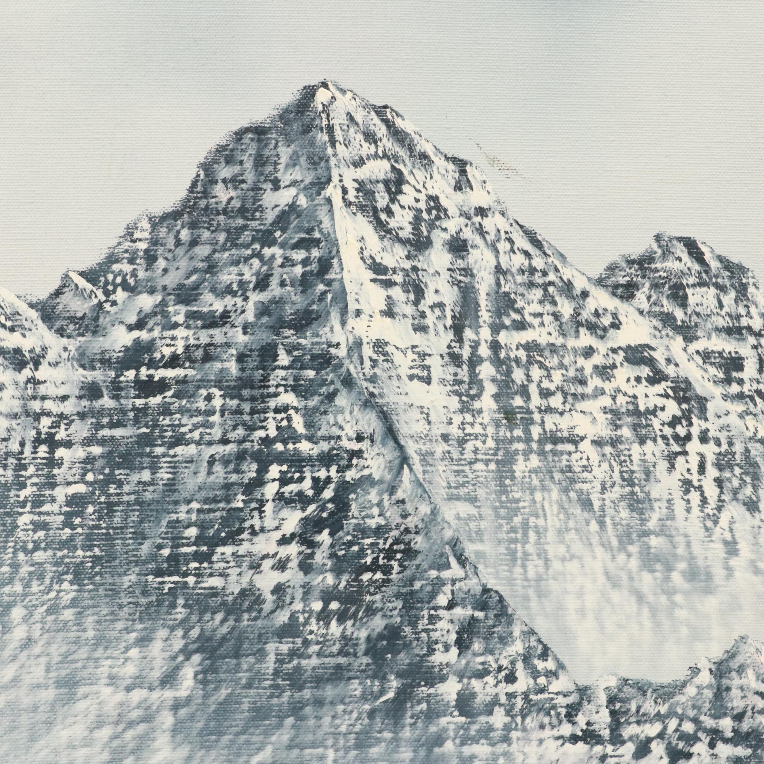 Large-Scale Mountainous Lake Landscape Oil Painting, Late 20th Century