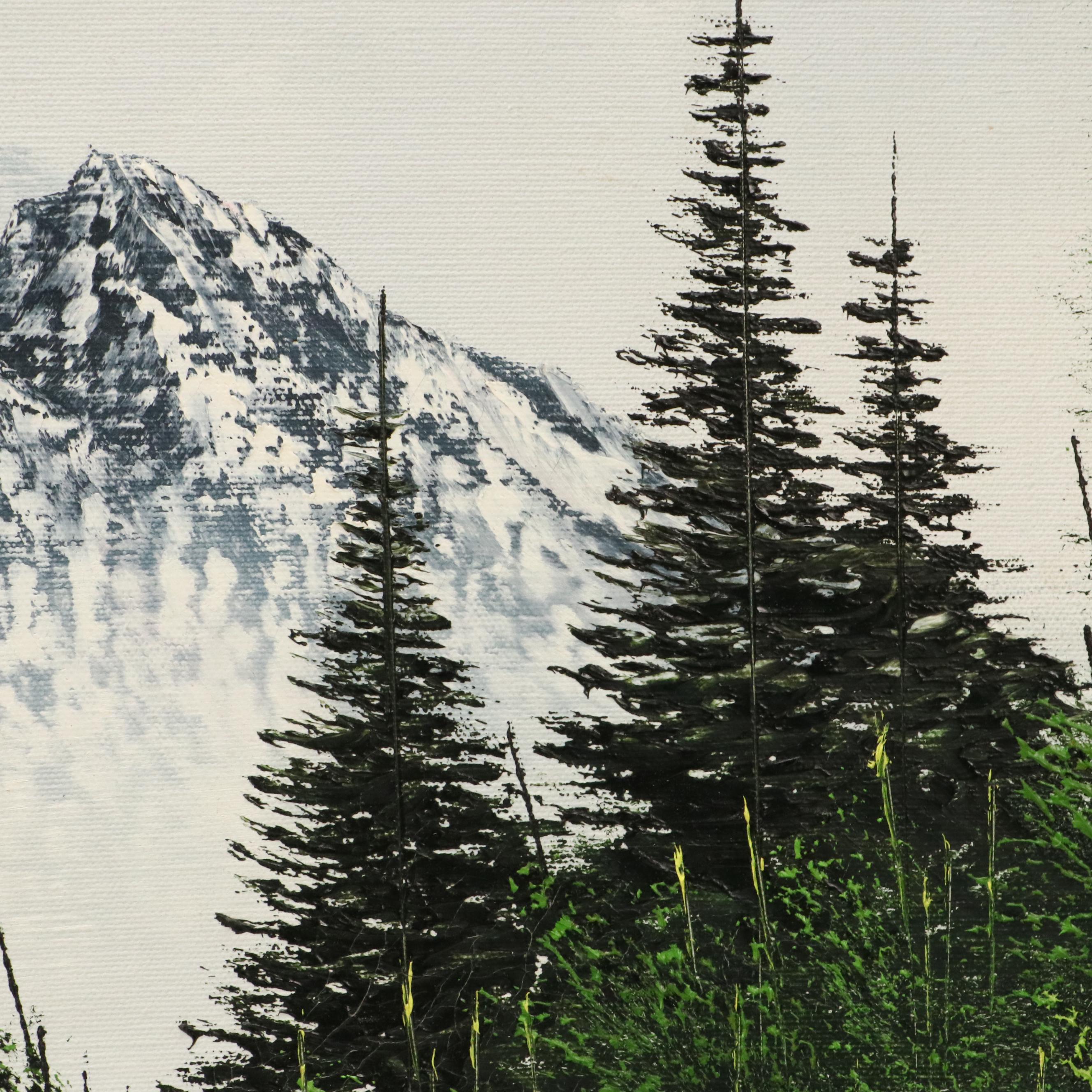 Large-Scale Mountainous Lake Landscape Oil Painting, Late 20th Century