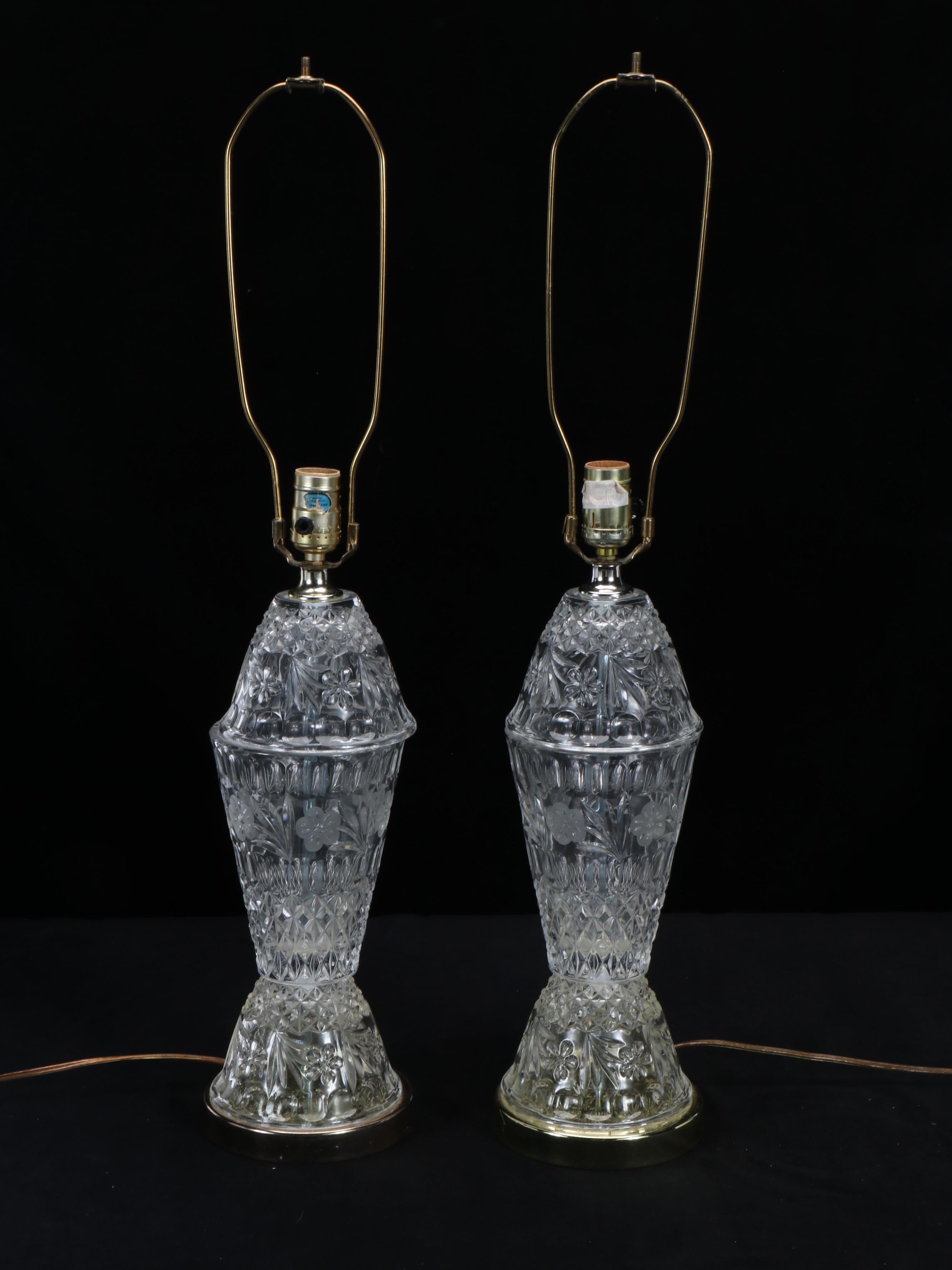 Pair of Victorian Style Glass Table Lamps with Pleated Shades, Vintage