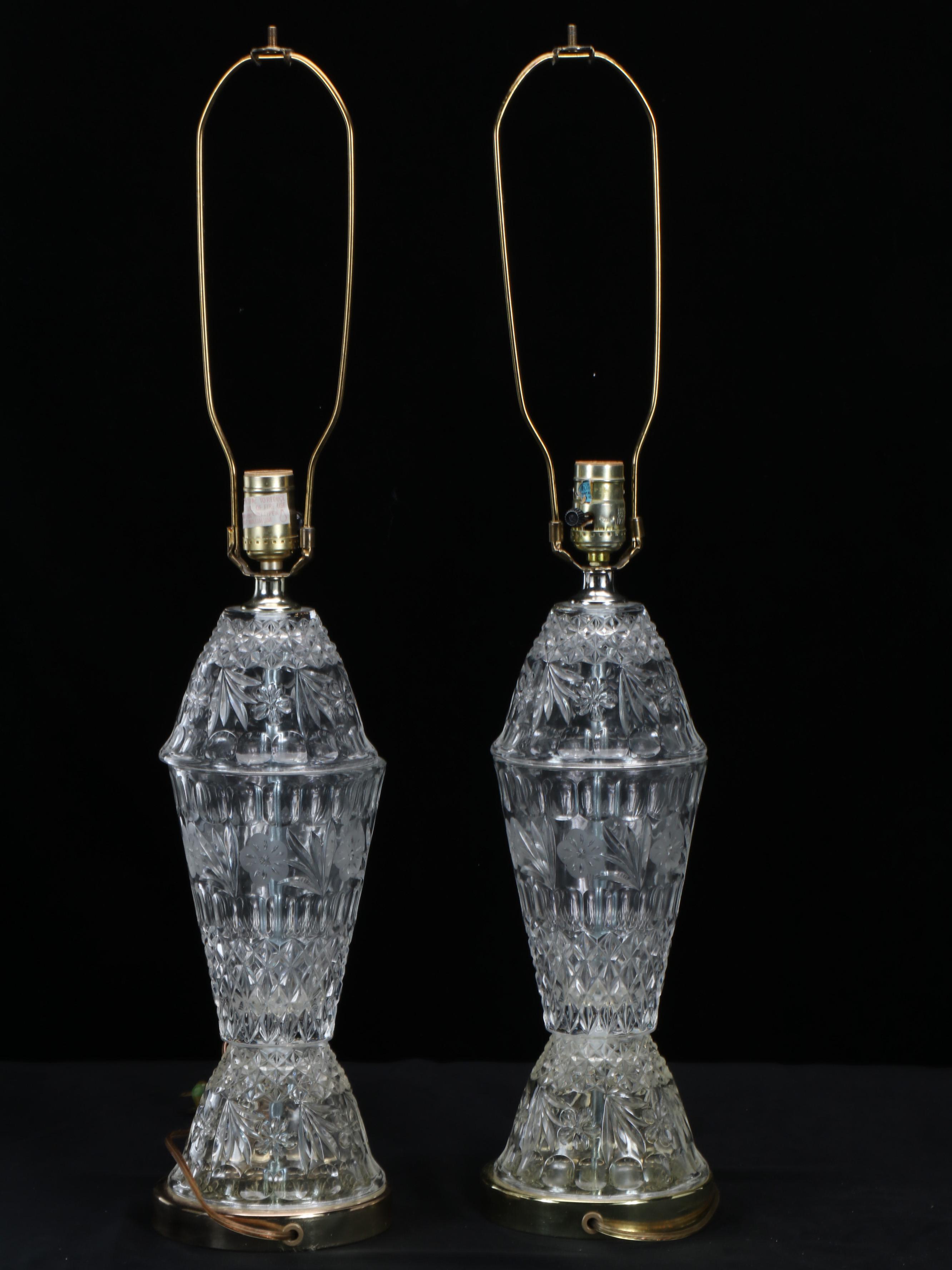 Pair of Victorian Style Glass Table Lamps with Pleated Shades, Vintage