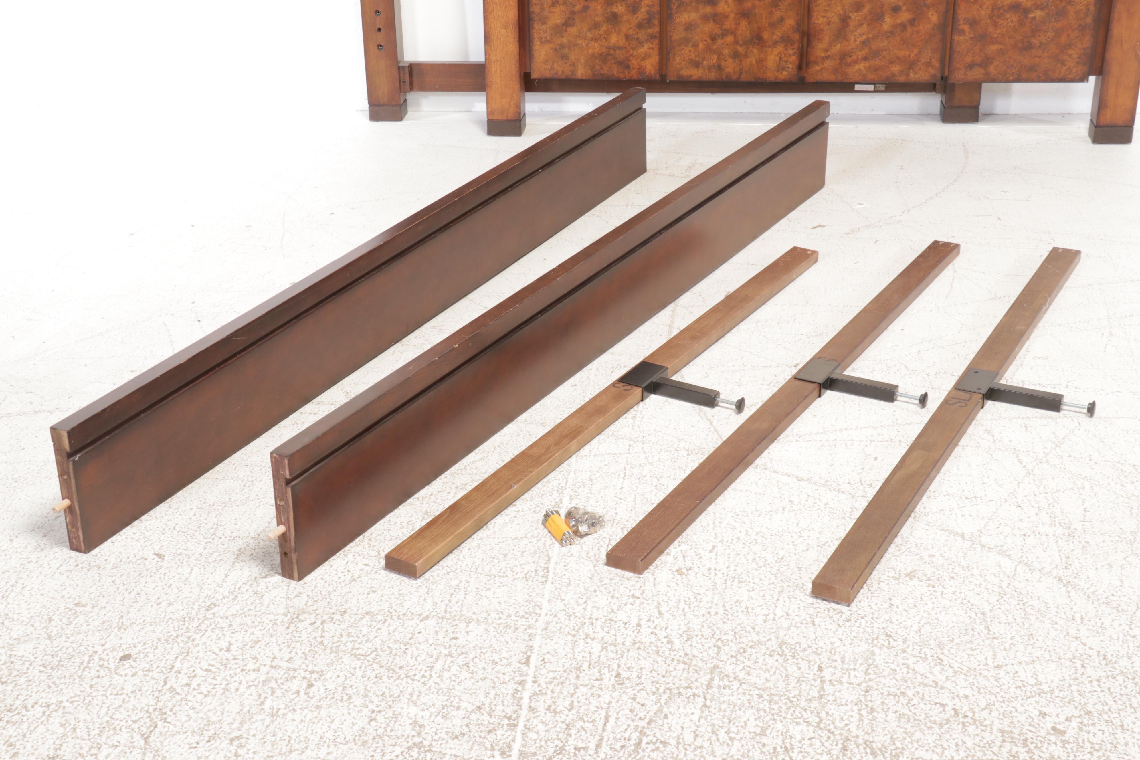 Chinese Style Burl Wood Accented Four Poster Queen Size Bed Frame