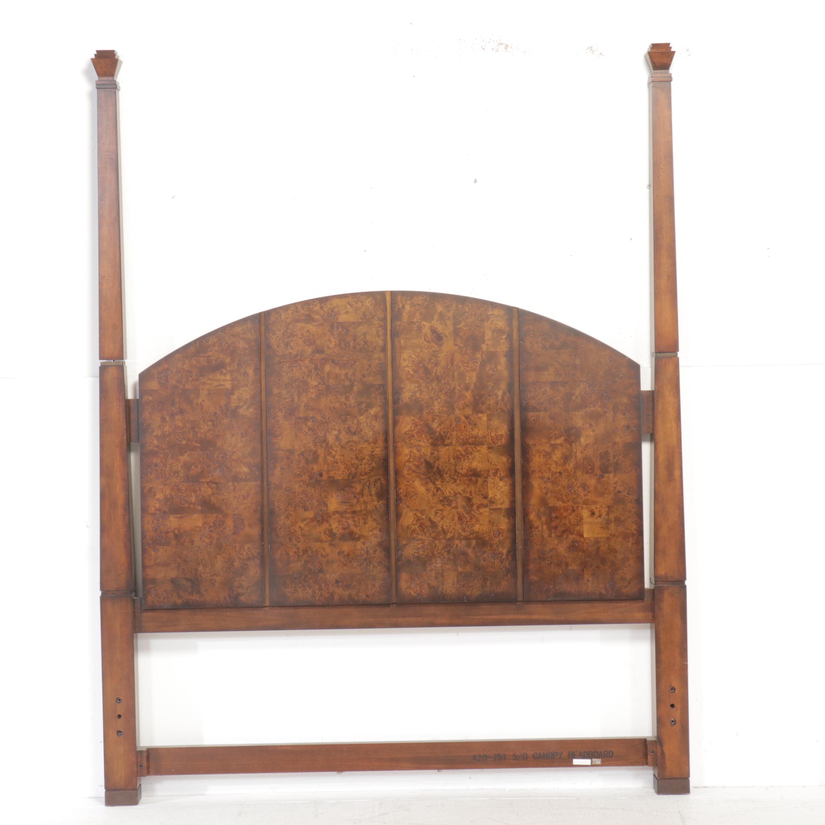 Chinese Style Burl Wood Accented Four Poster Queen Size Bed Frame