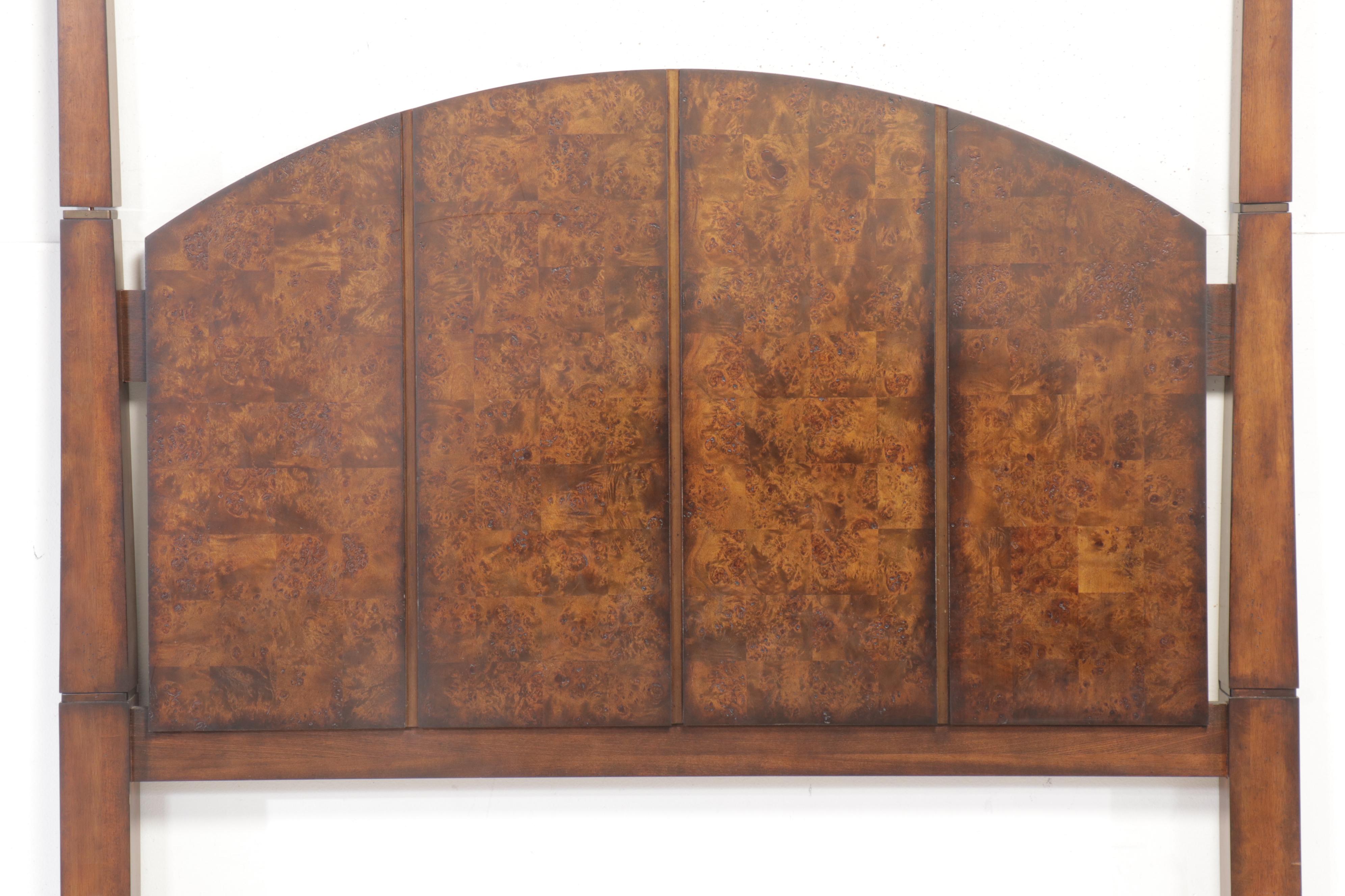 Chinese Style Burl Wood Accented Four Poster Queen Size Bed Frame