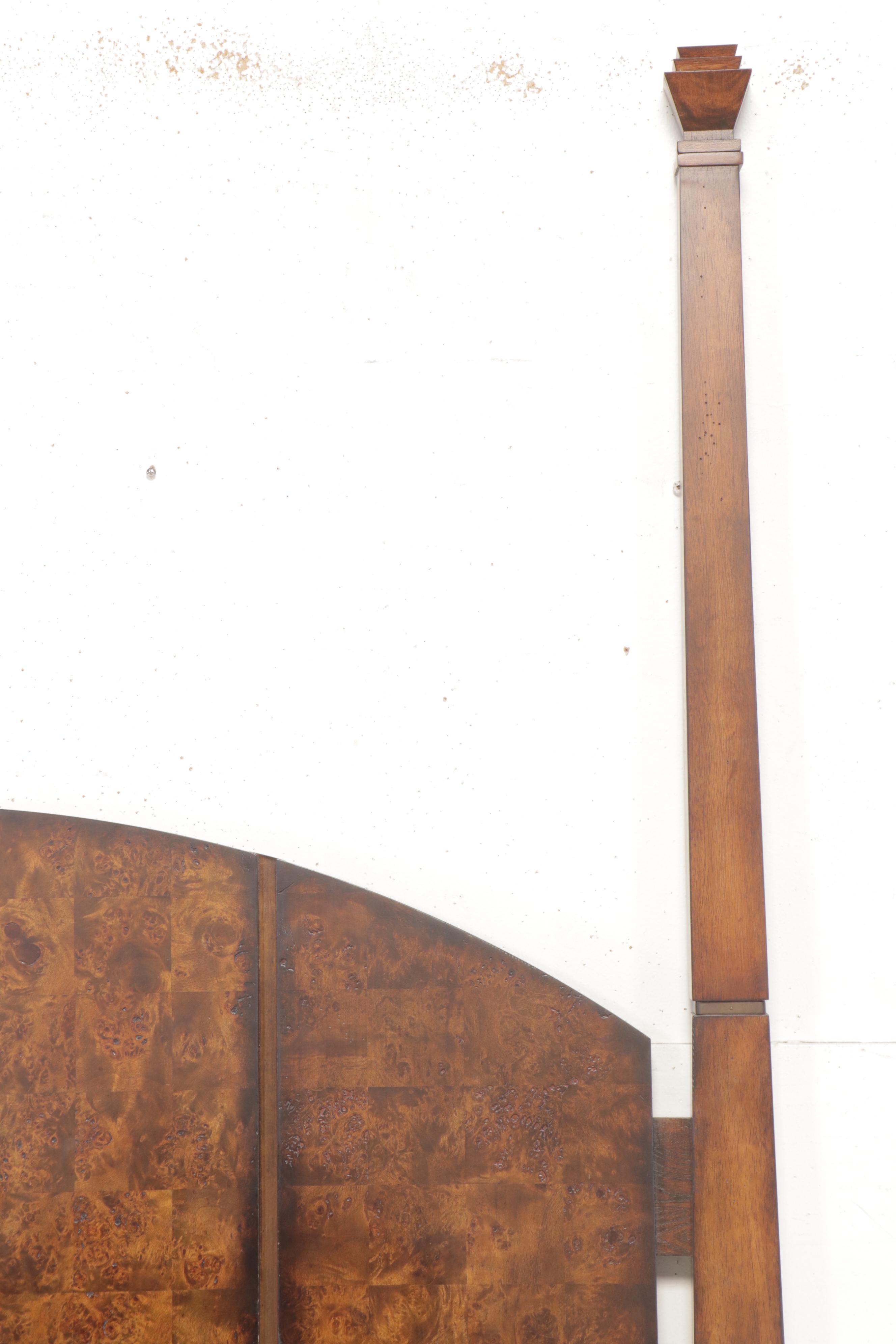 Chinese Style Burl Wood Accented Four Poster Queen Size Bed Frame