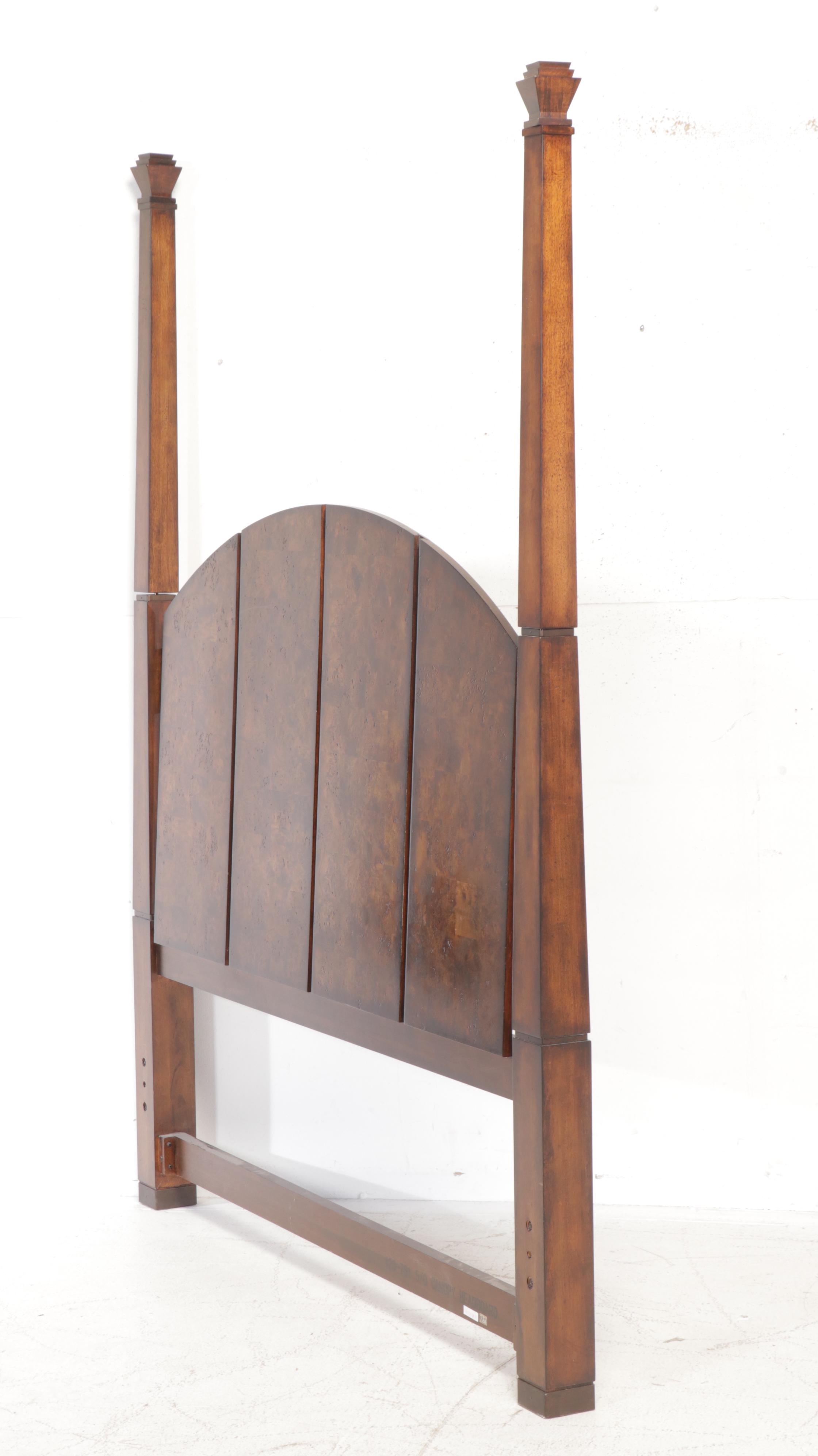 Chinese Style Burl Wood Accented Four Poster Queen Size Bed Frame