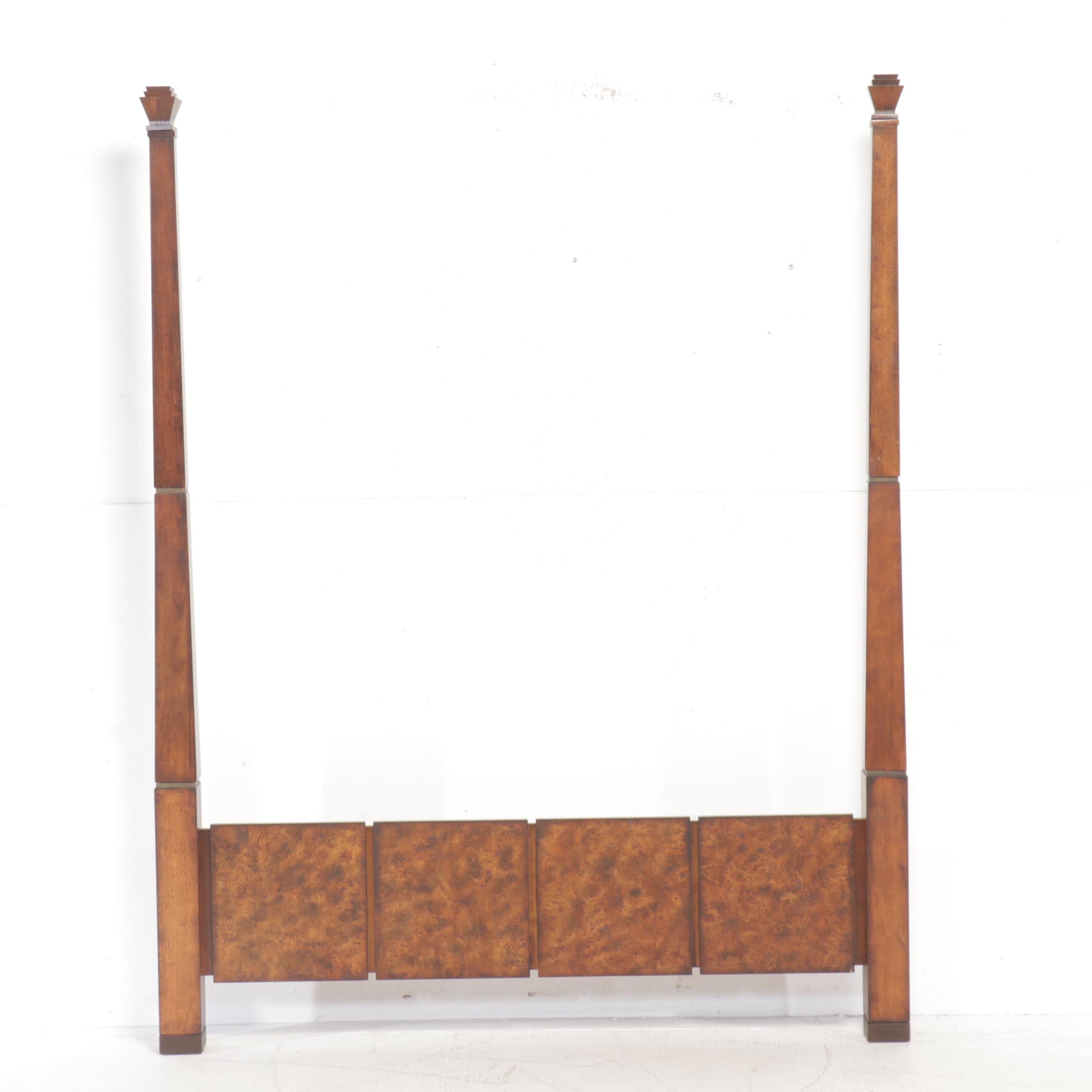 Chinese Style Burl Wood Accented Four Poster Queen Size Bed Frame