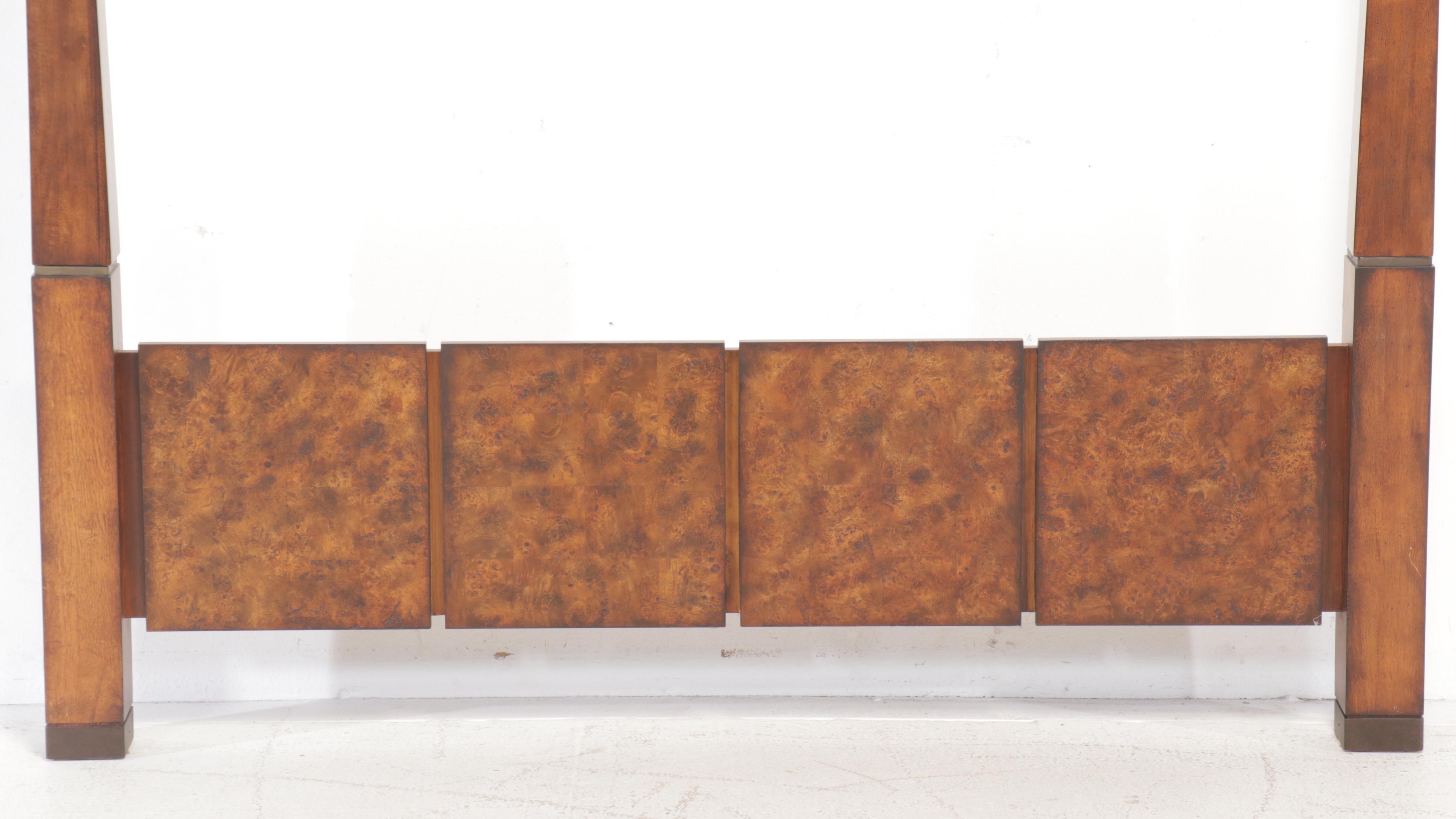 Chinese Style Burl Wood Accented Four Poster Queen Size Bed Frame