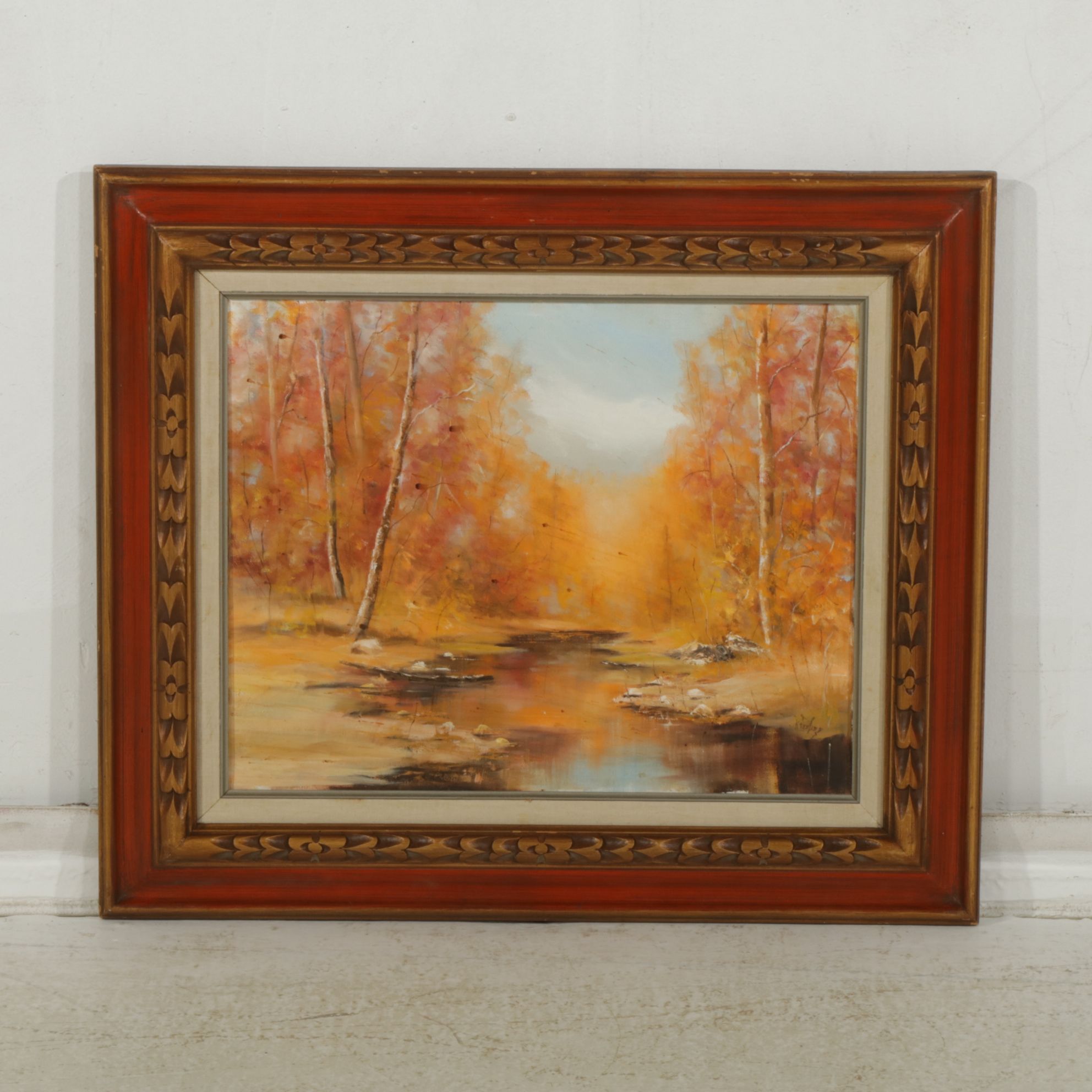 Serene Autumn Riverbed Landscape Oil Painting, Late 20th to Early 21st Century
